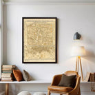 The image is a framed map of a city, likely Tokyo, with detailed street and building maps.