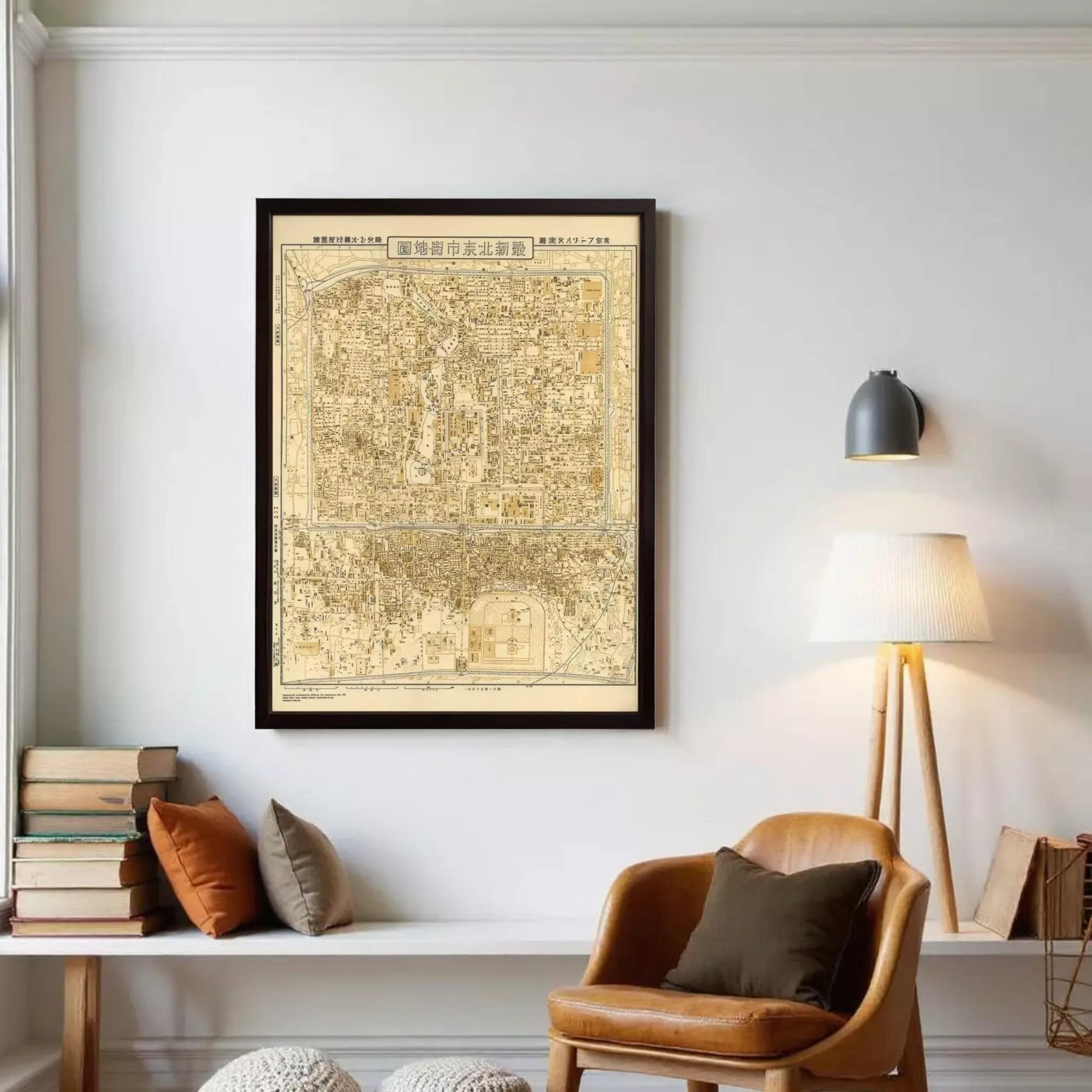 The image is a framed map of a city, likely Tokyo, with detailed street and building maps.