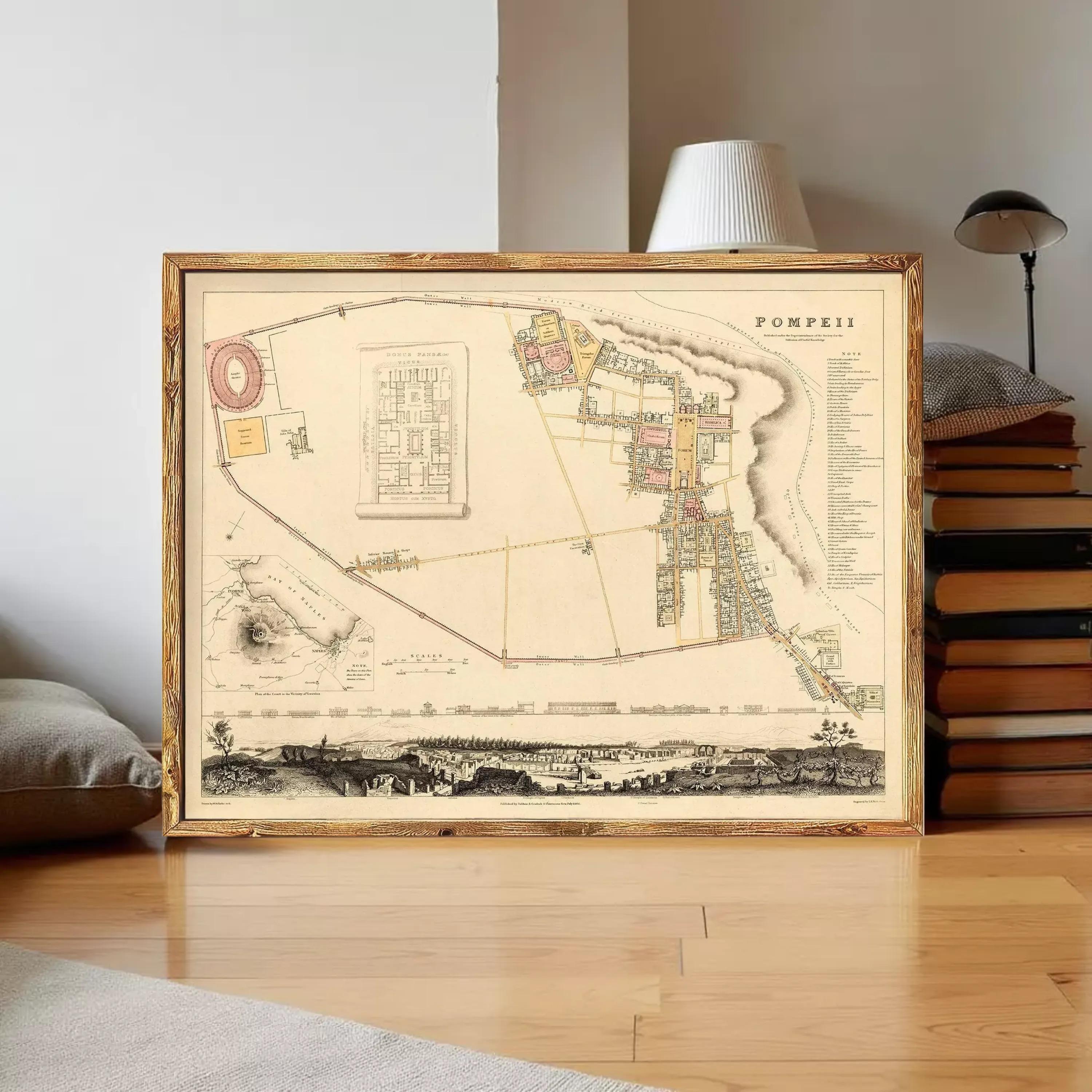 The image is a framed historical map of the city of Pompeii, depicting the city's layout and surrounding areas.