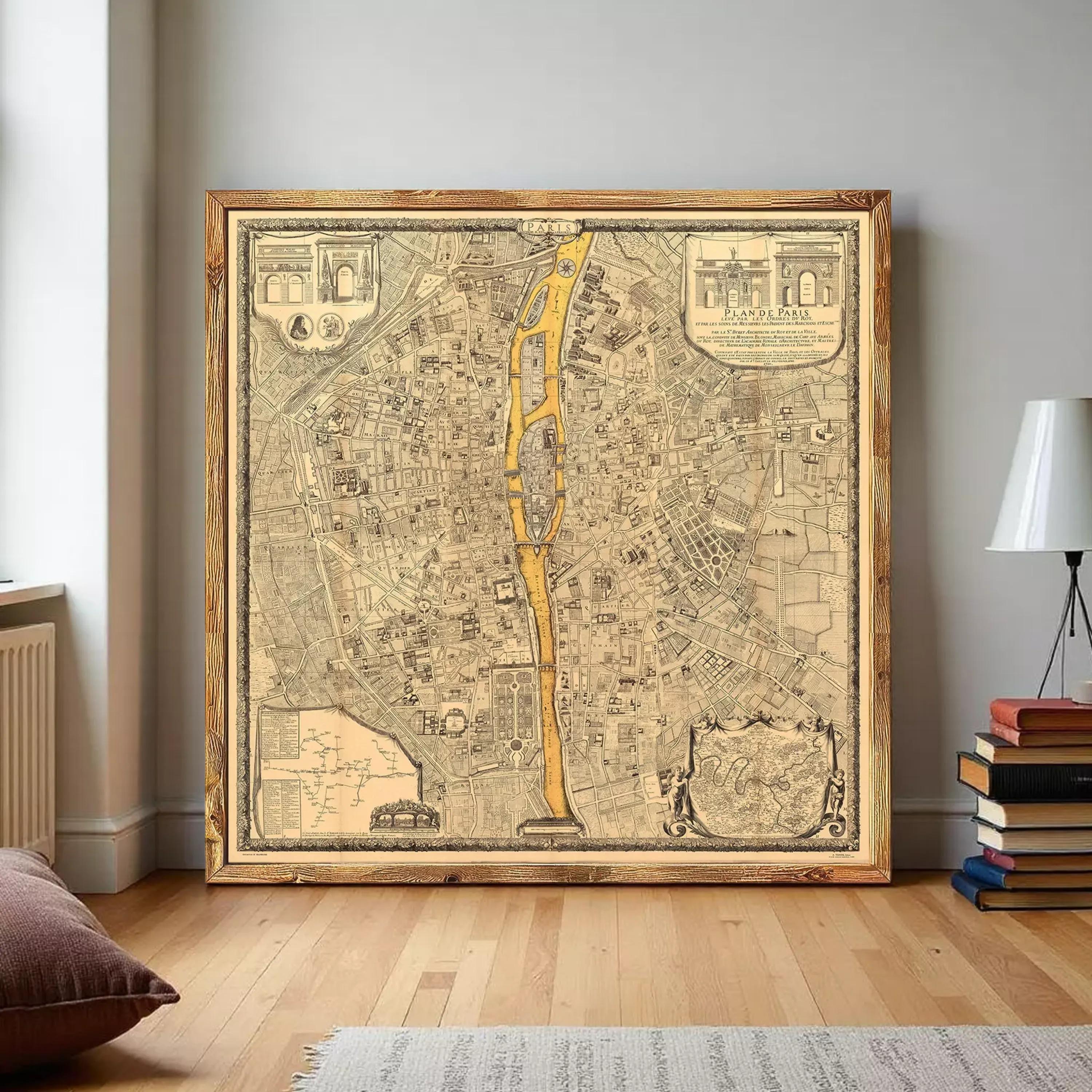 The image is a framed vintage map of a city, depicting a detailed layout of streets, buildings, and other urban features.