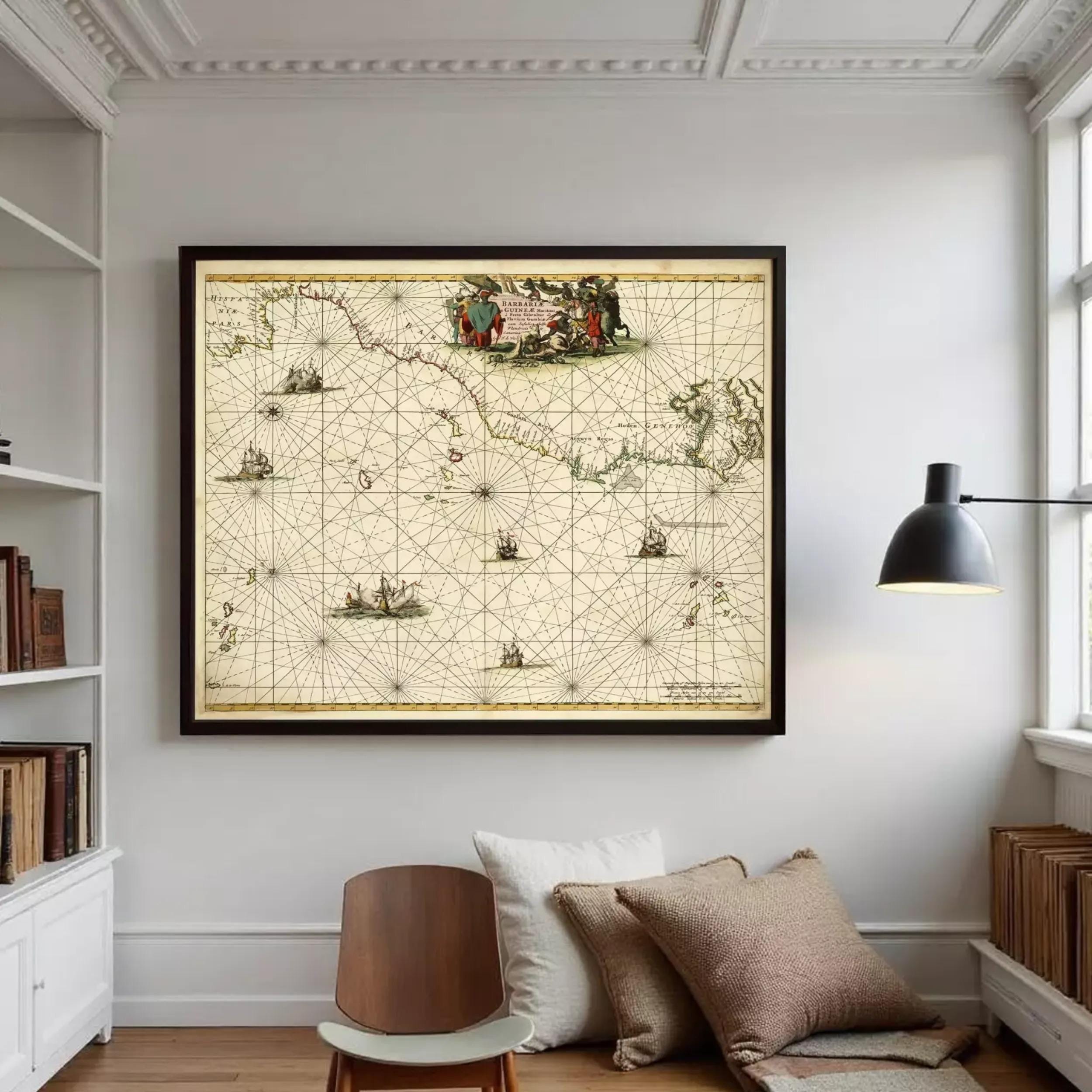 The image is a framed vintage map of the Caribbean Sea, featuring various ships and landmarks.