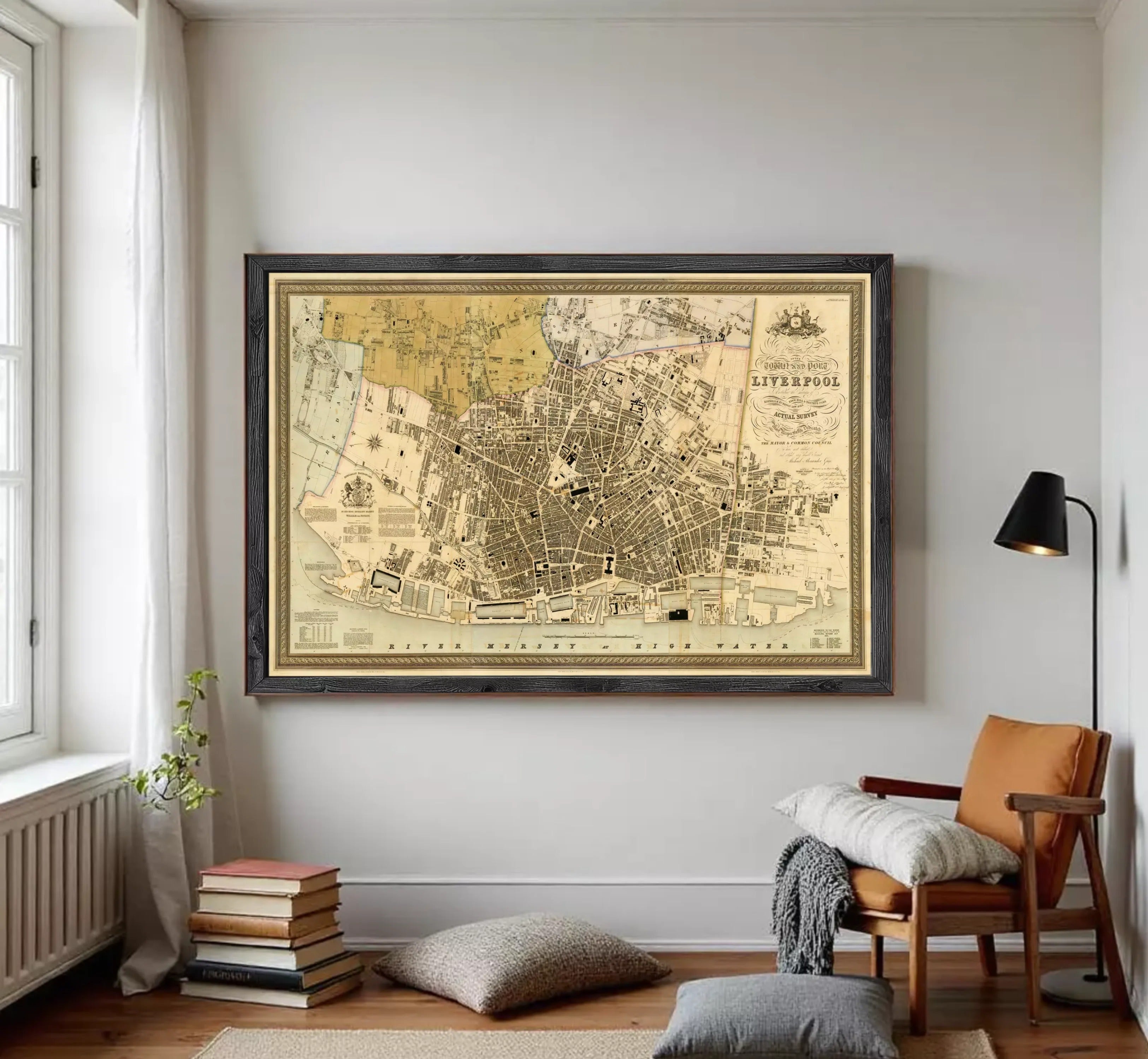 The image is a framed vintage map of Liverpool, England, depicting the city's layout and surrounding areas.
