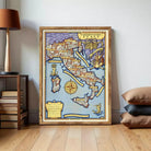 The image is a framed map of Italy, depicting various landmarks and regions of the country.