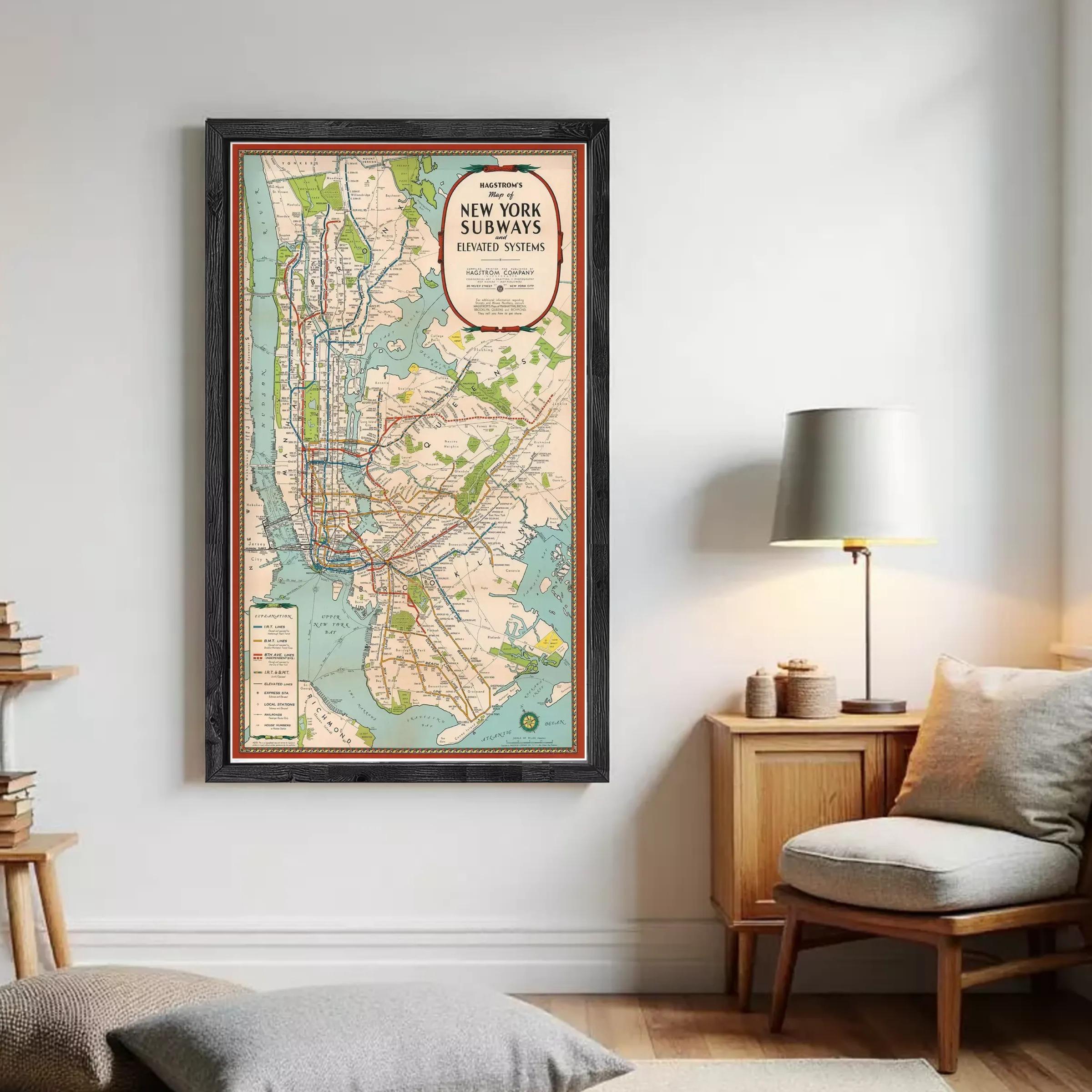 The image is a framed subway map of New York City, depicting the city's subway system.