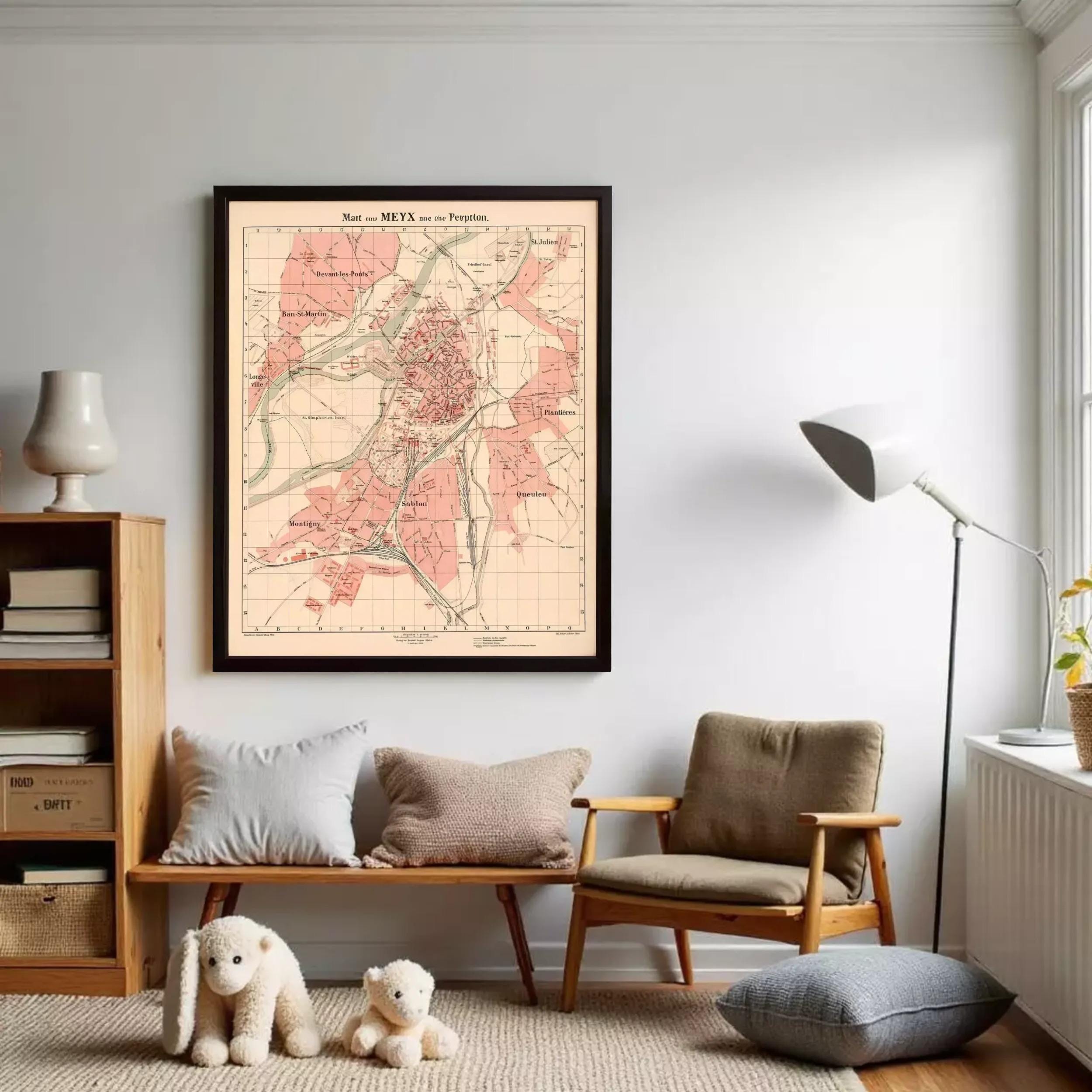 The image is a framed map of a city, likely from the 19th century, with various streets and landmarks labeled.