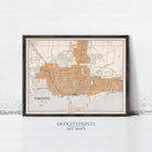 The image is a framed vintage map of Toronto, Canada, depicting the city's streets and surrounding areas.