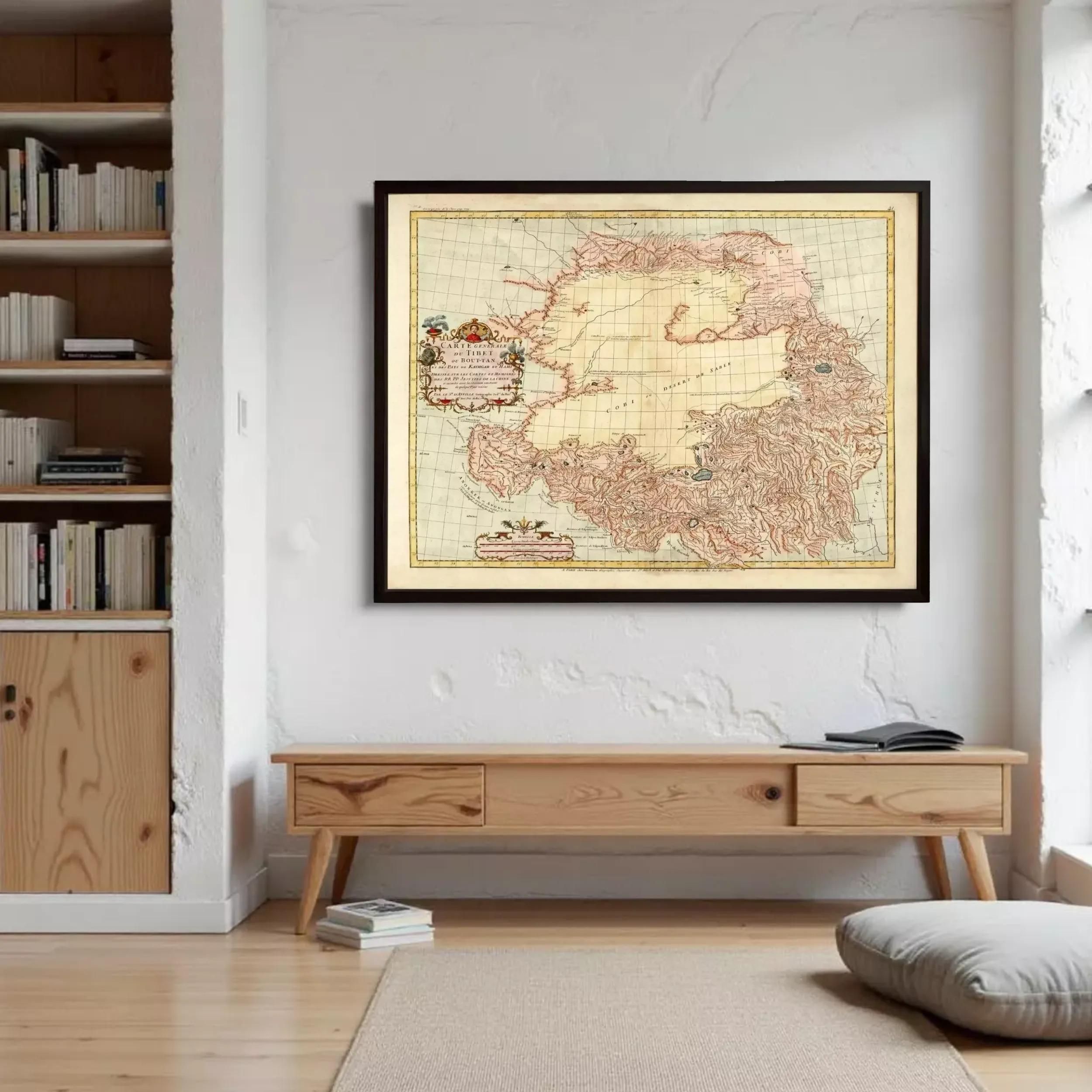a large framed map of the Arctic region hanging on a wall in a room with a wooden bookshelf and a wooden table.