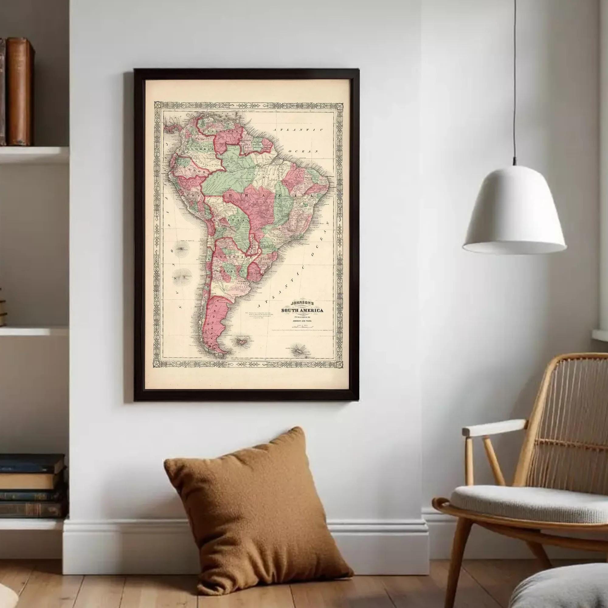 The image is a framed map of South America, depicting the countries and regions of the continent.