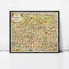 The image is a framed vintage map of Hollywood, California, depicting various landmarks, streets, and people in a detailed and colorful manner.