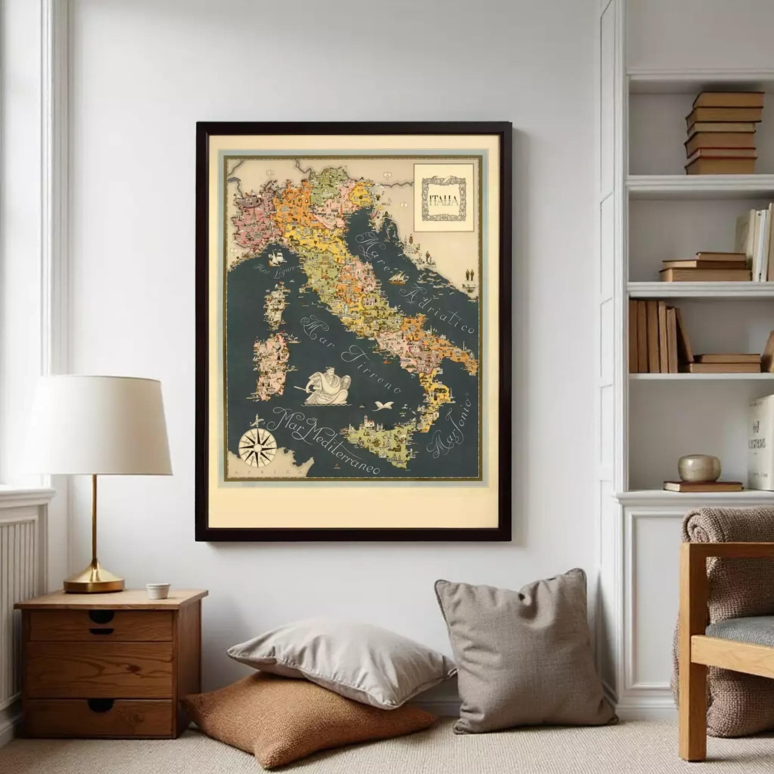 The image is a framed map of Italy, featuring a detailed and colorful depiction of the country's geography and regions.