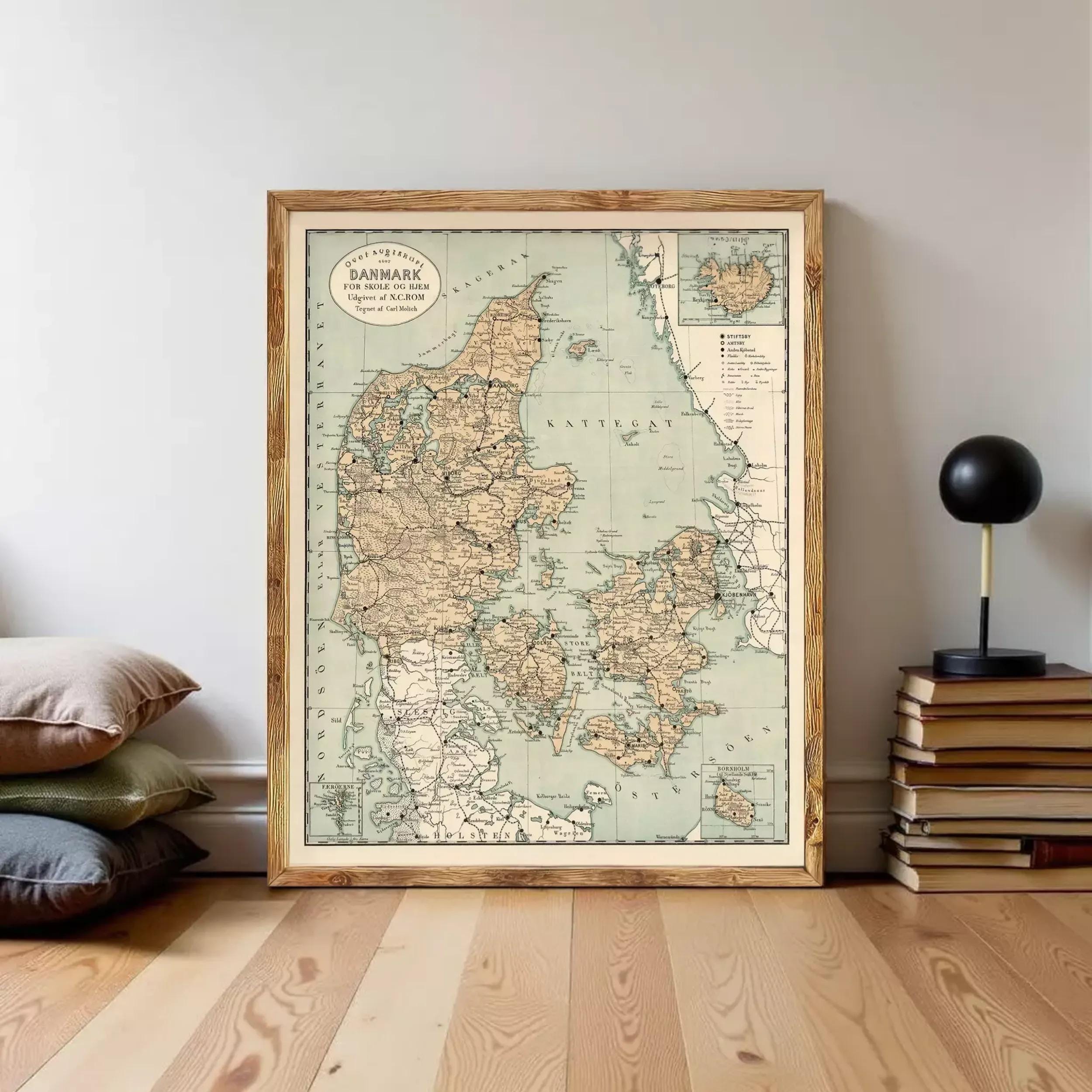 The image is a framed map of Denmark, showing the country's geographical layout and surrounding areas.