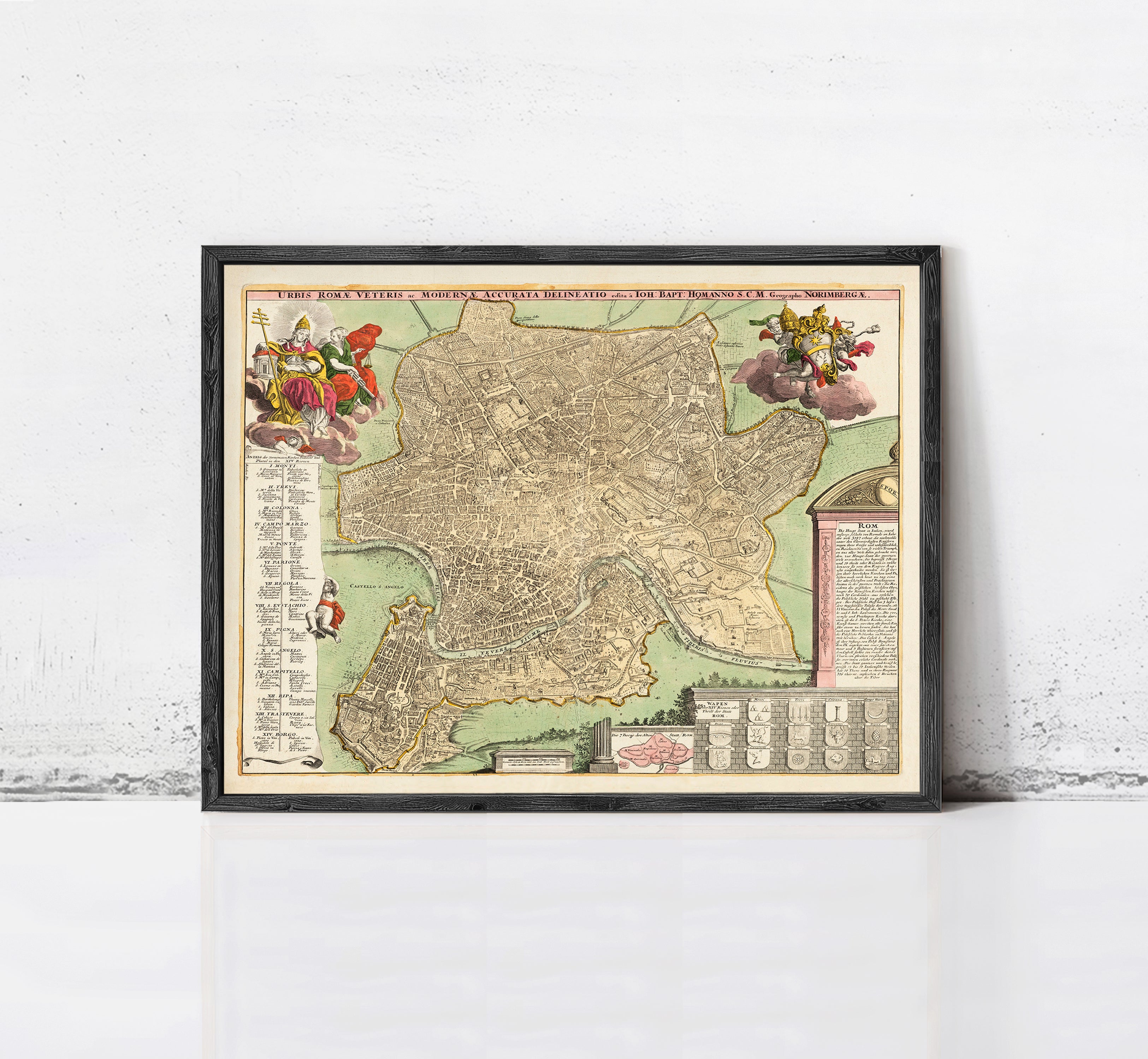 The image is a framed antique map of Rome, Italy, depicting the city's layout and surrounding areas.
