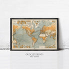 The image is a framed vintage world map from the early 20th century, depicting the continents and oceans in a detailed and colorful manner.
