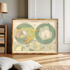 a large, framed vintage map of the Arctic regions, with a wooden frame and a wooden floor.