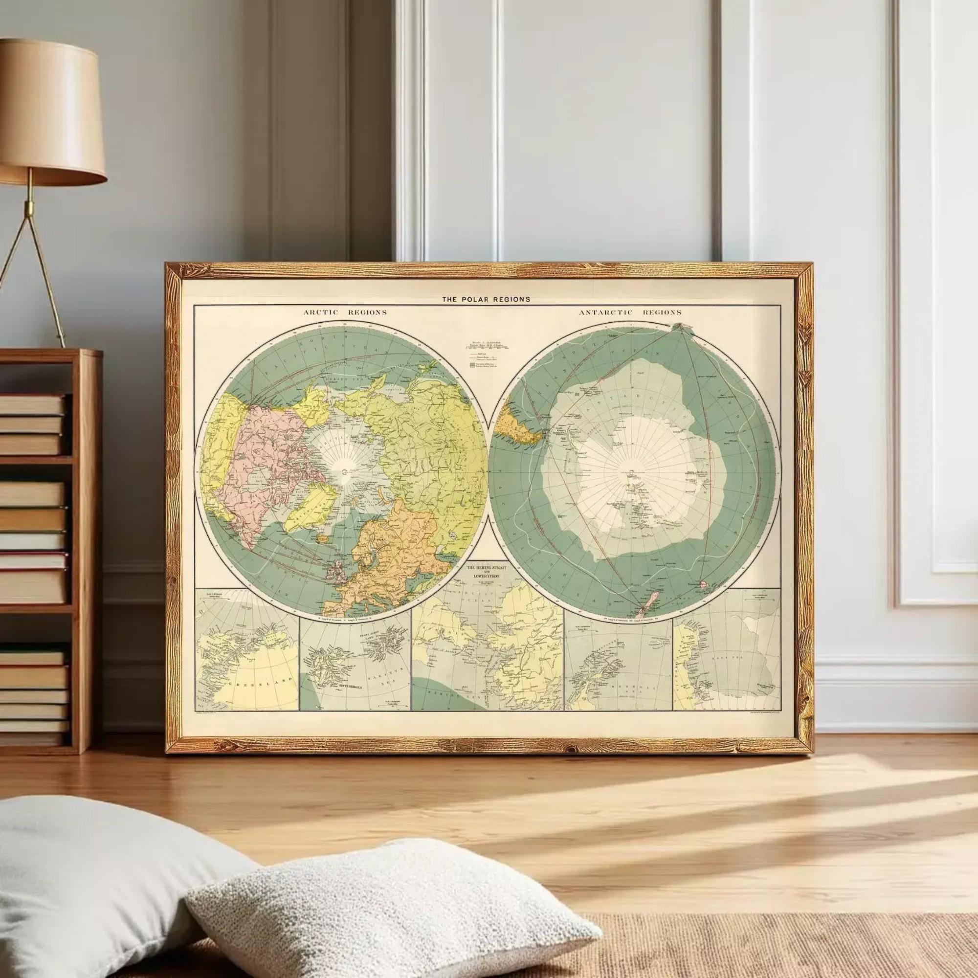 a large, framed vintage map of the Arctic regions, with a wooden frame and a wooden floor.