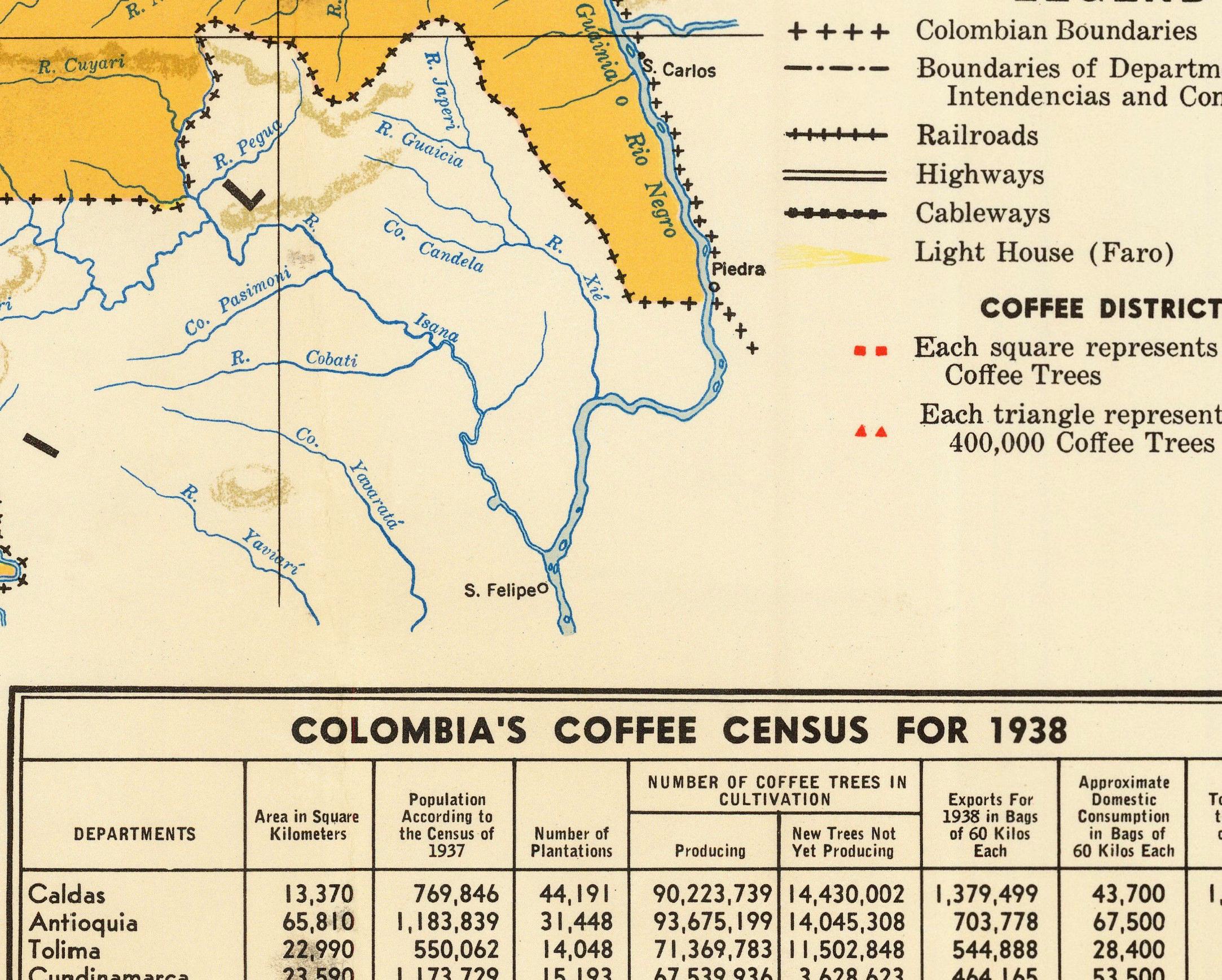 The image is a map of Colombia's coffee production and consumption in 1938, showing the number of coffee trees in different areas across the country.
