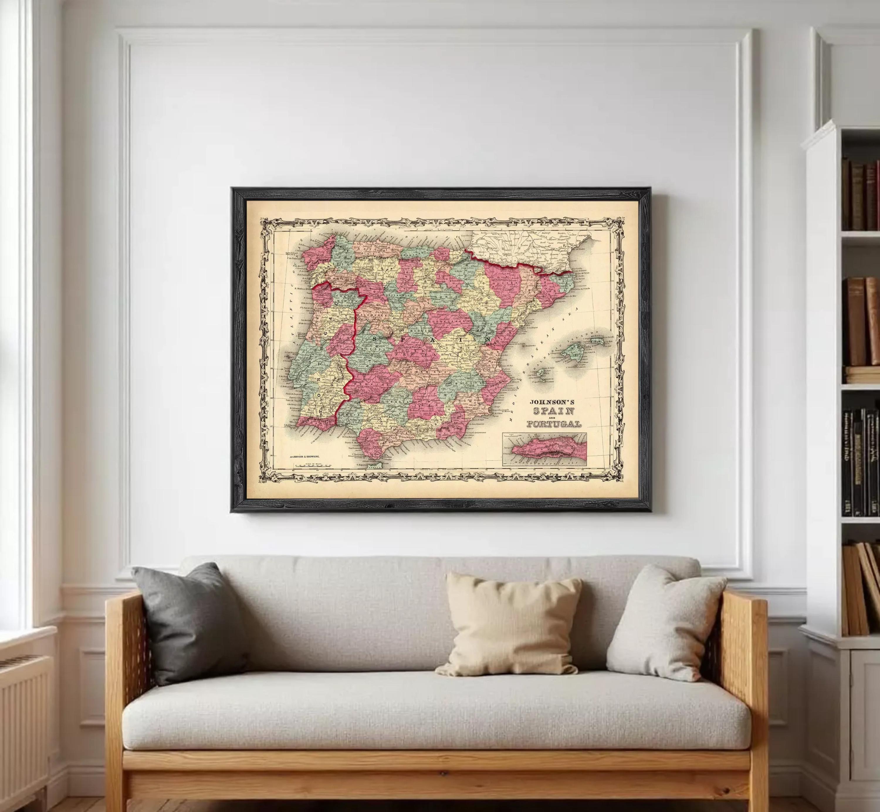 The image is a framed vintage map of Spain, depicting the country's geographical layout and boundaries.