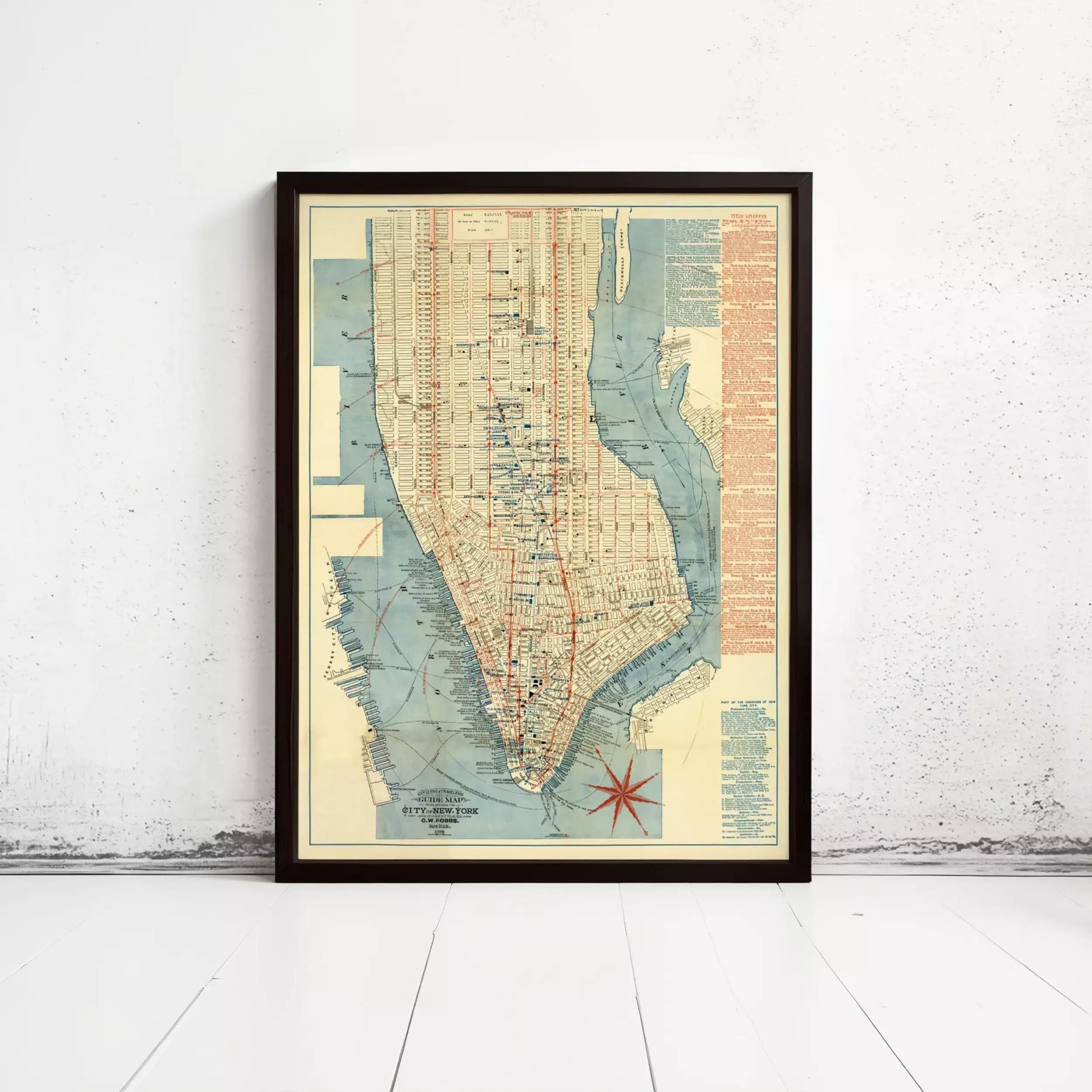 The image is a framed vintage map of New York City, depicting the city's streets and neighborhoods in a detailed and colorful manner.