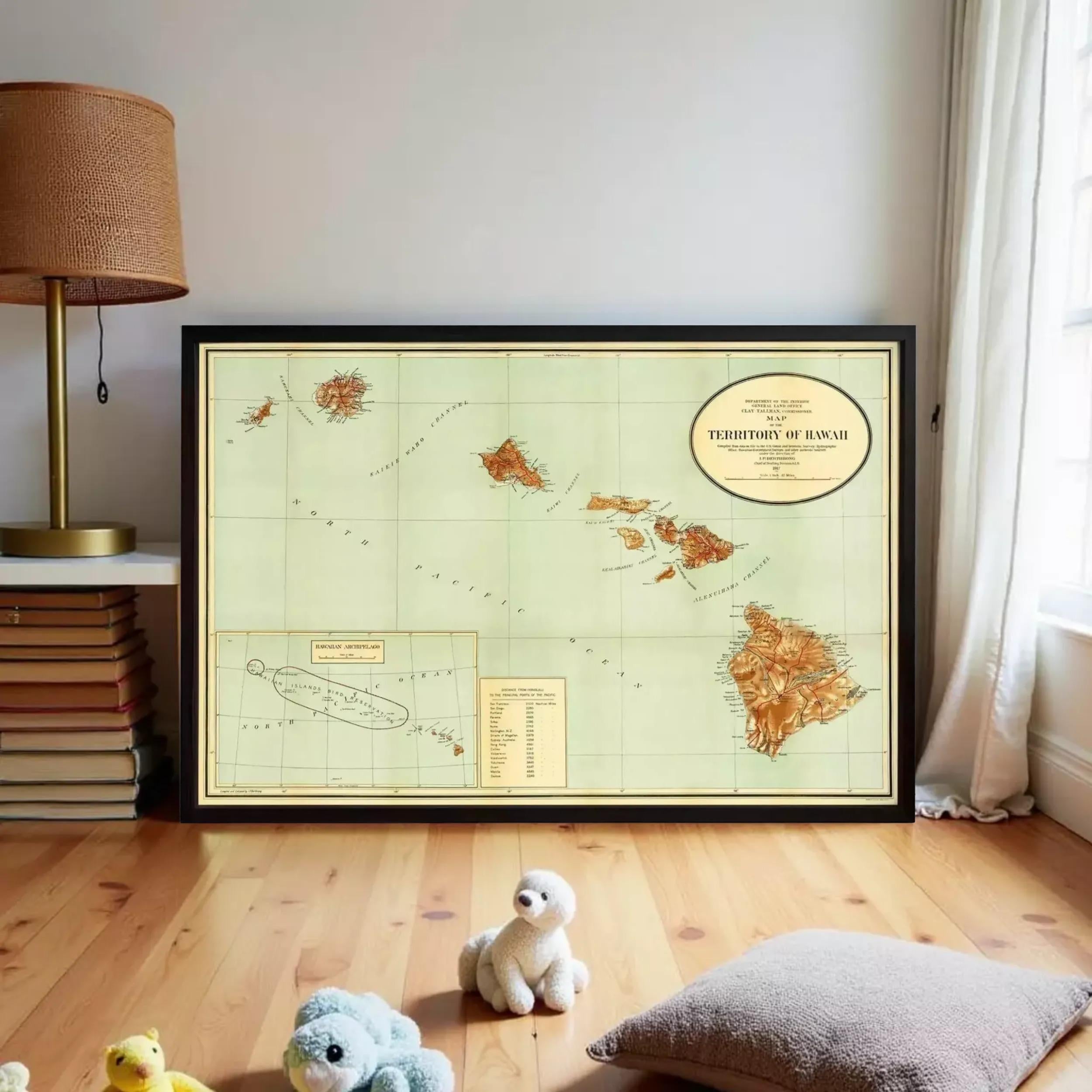 The image is a framed map of the Territory of Hawaii, depicting the islands and surrounding areas.