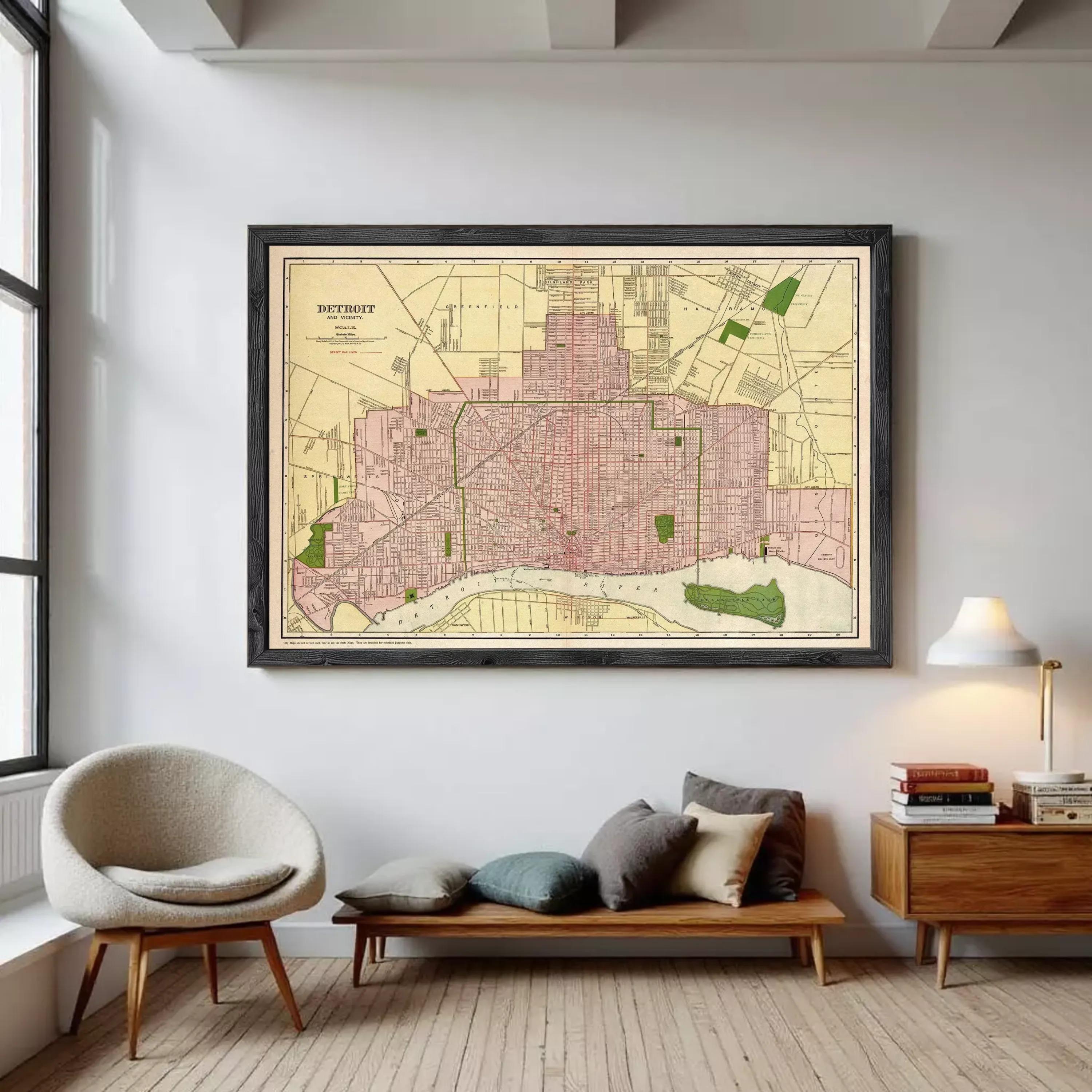 The image is a framed map of Detroit, Michigan, showing the city's streets, neighborhoods, and surrounding areas.