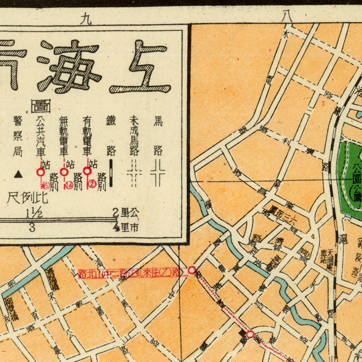 The image is a map with various streets and landmarks, including a large grid-like pattern and some text in a foreign language.