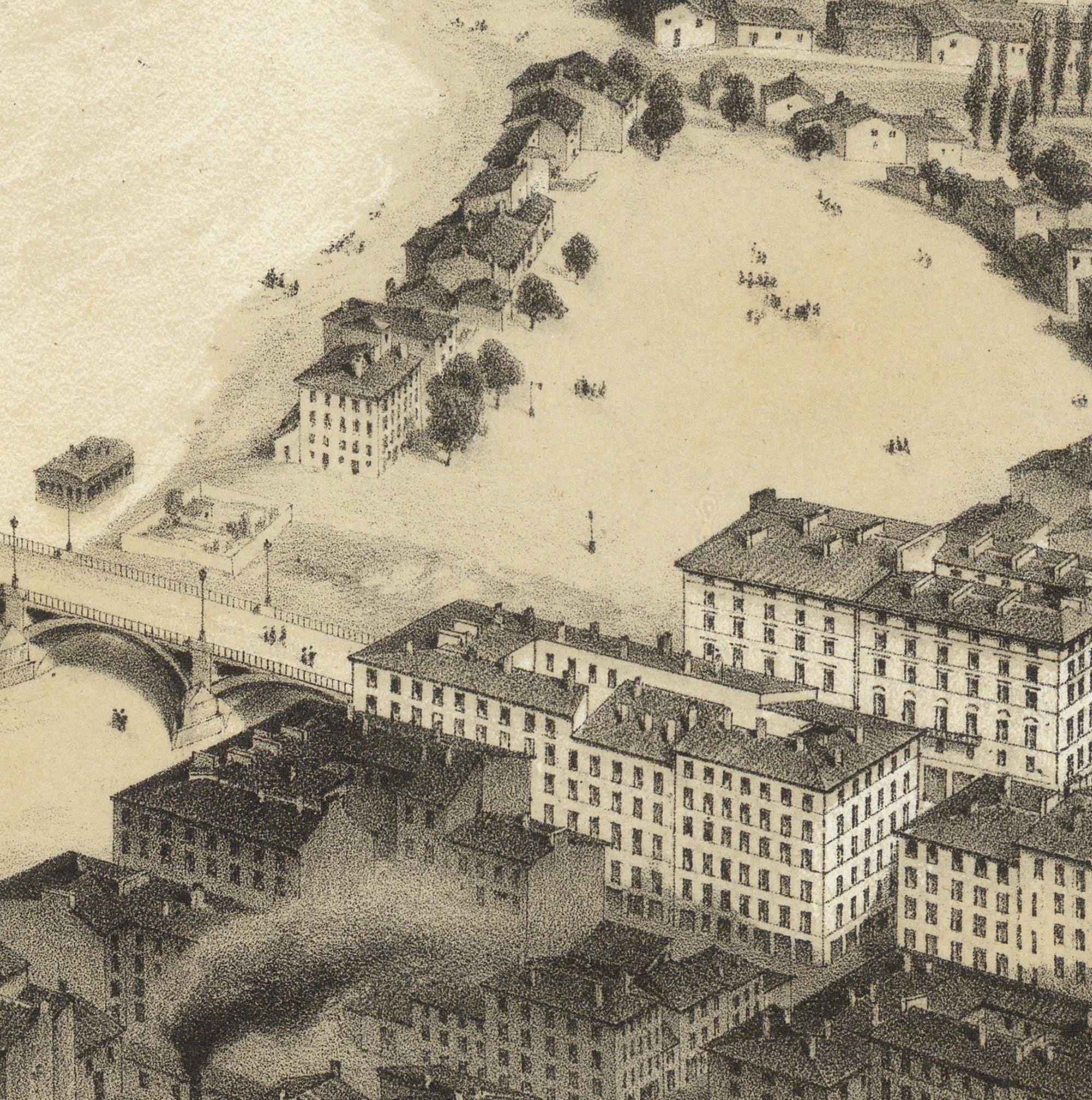 The image is a detailed black and white illustration depicting a cityscape with buildings, a bridge, and a body of water.