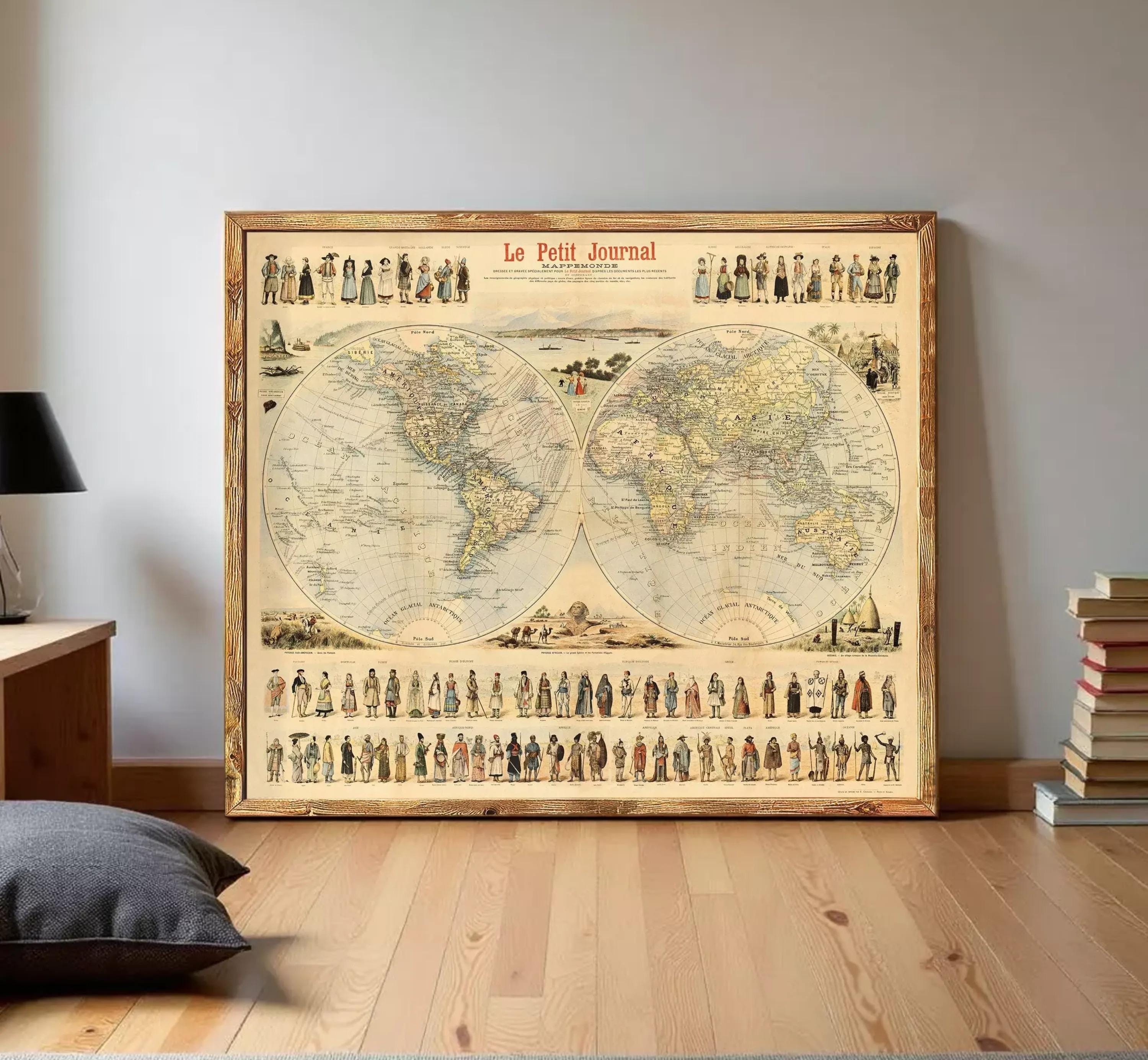 The image is a framed vintage map of the world, depicting people in various outfits and styles, likely representing different cultures and time periods.