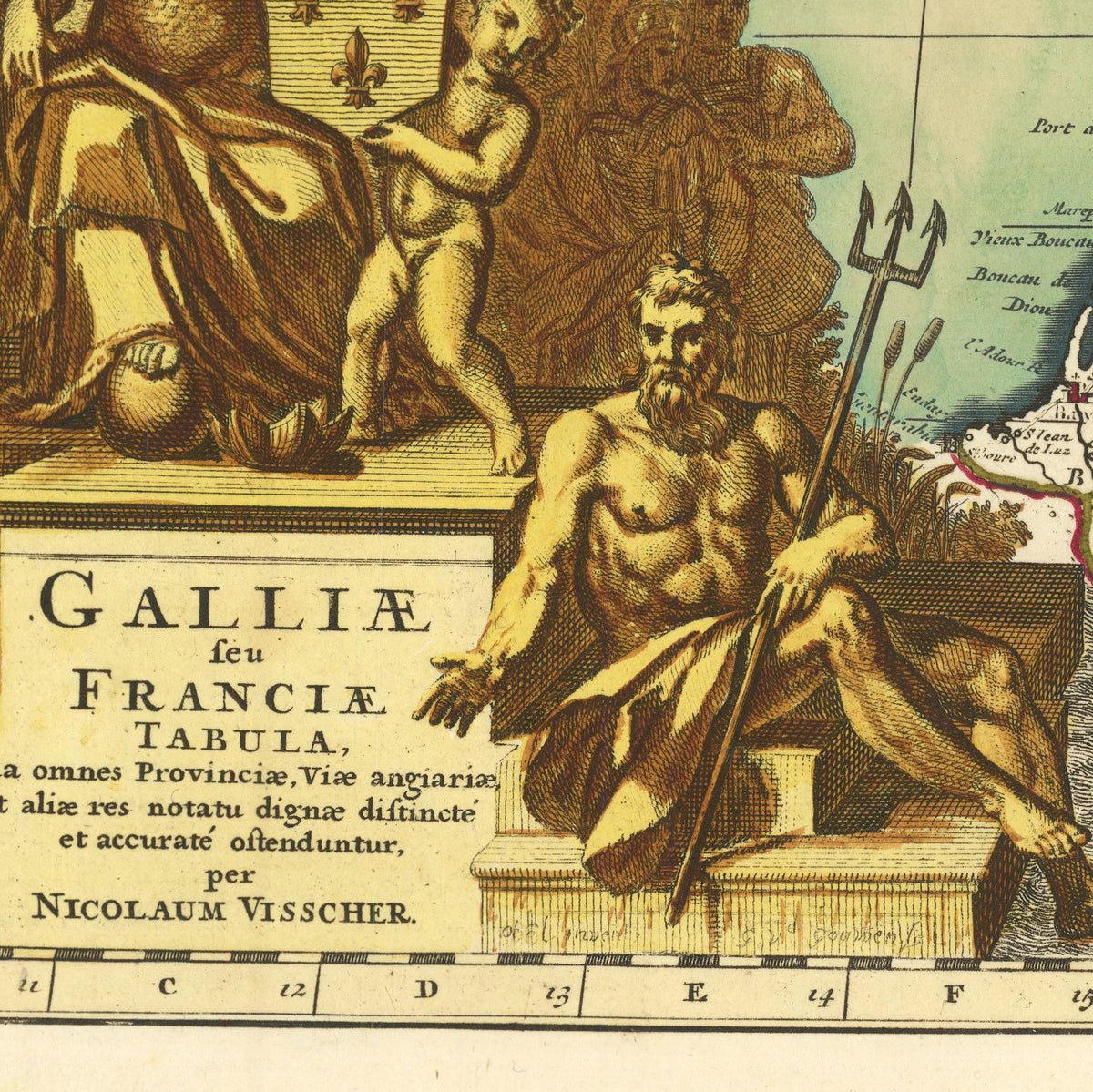 The image is a detailed illustration of a historical map, featuring various figures and symbols, including a muscular man holding a trident, a child, and other figures. The map appears to be in an old style, with intricate details and a rich color palette.