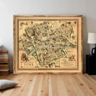 The image is a large framed map of historic York, with various landmarks and streets depicted in a detailed and colorful manner.
