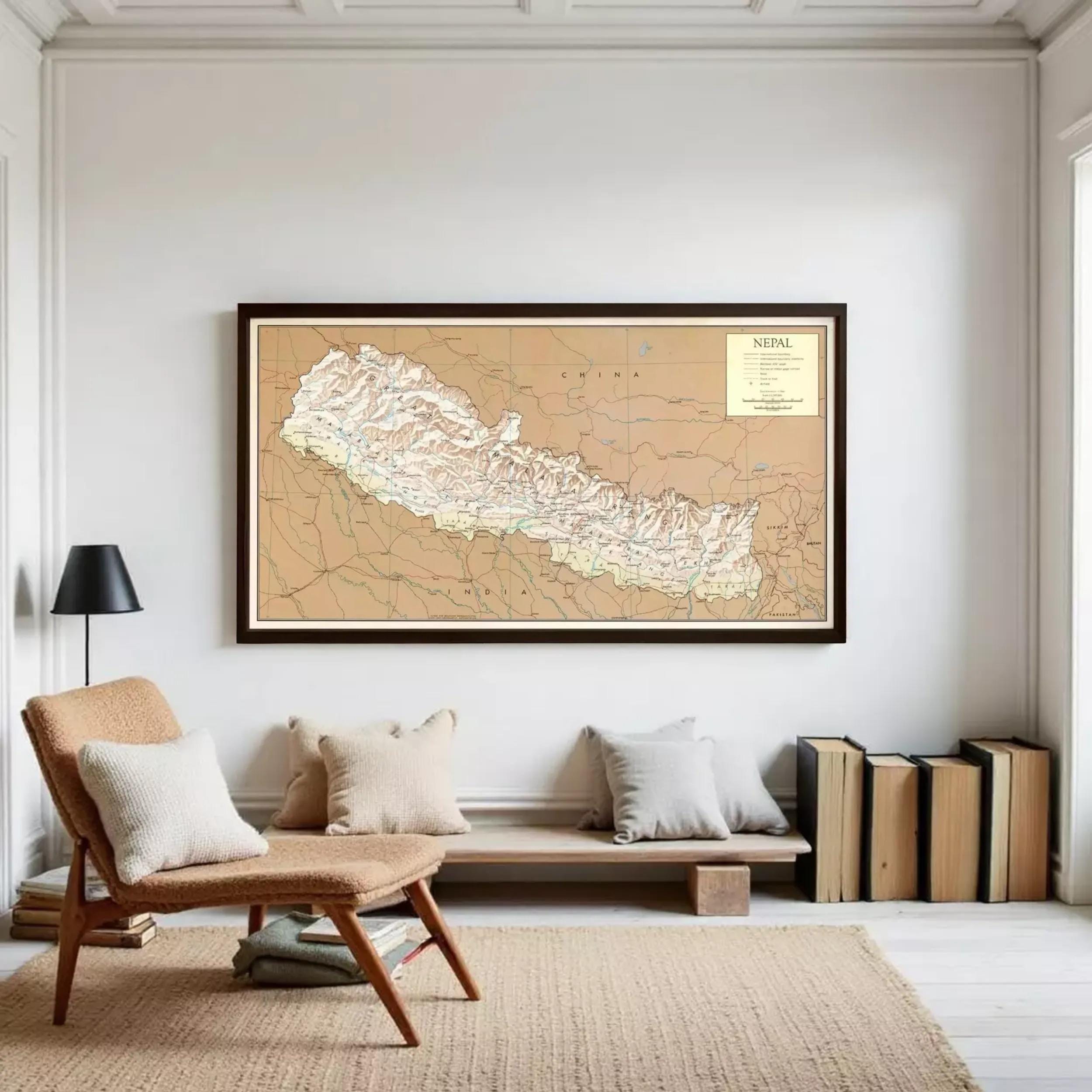 The image is a framed map of Nepal, showing the country's geographical layout and major geographical features.