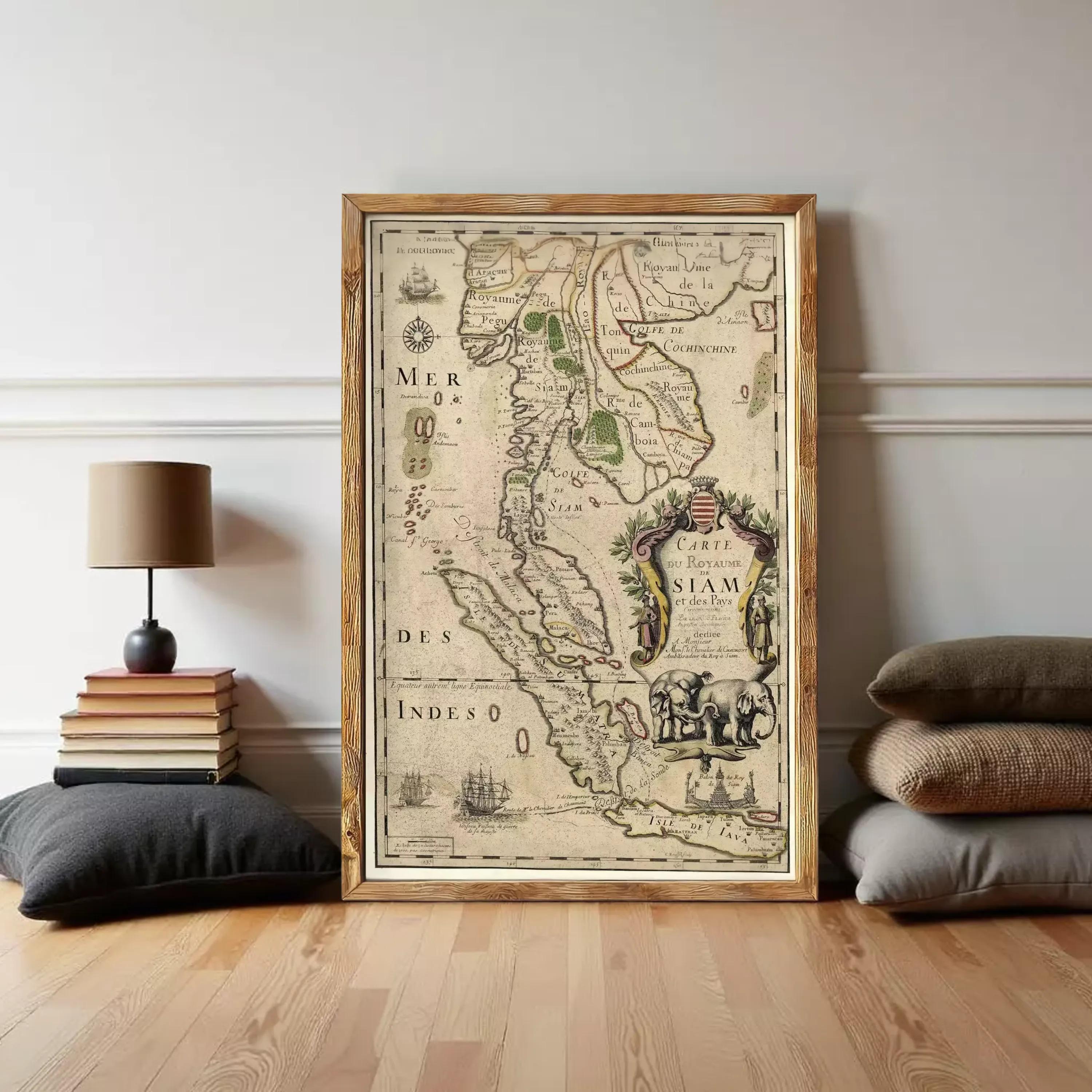 a large framed map of Southeast Asia, specifically Thailand, with various landmarks and geographical details.