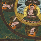 The image is a detailed painting featuring a central figure surrounded by smaller figures, all rendered in a traditional style with intricate patterns and colors.