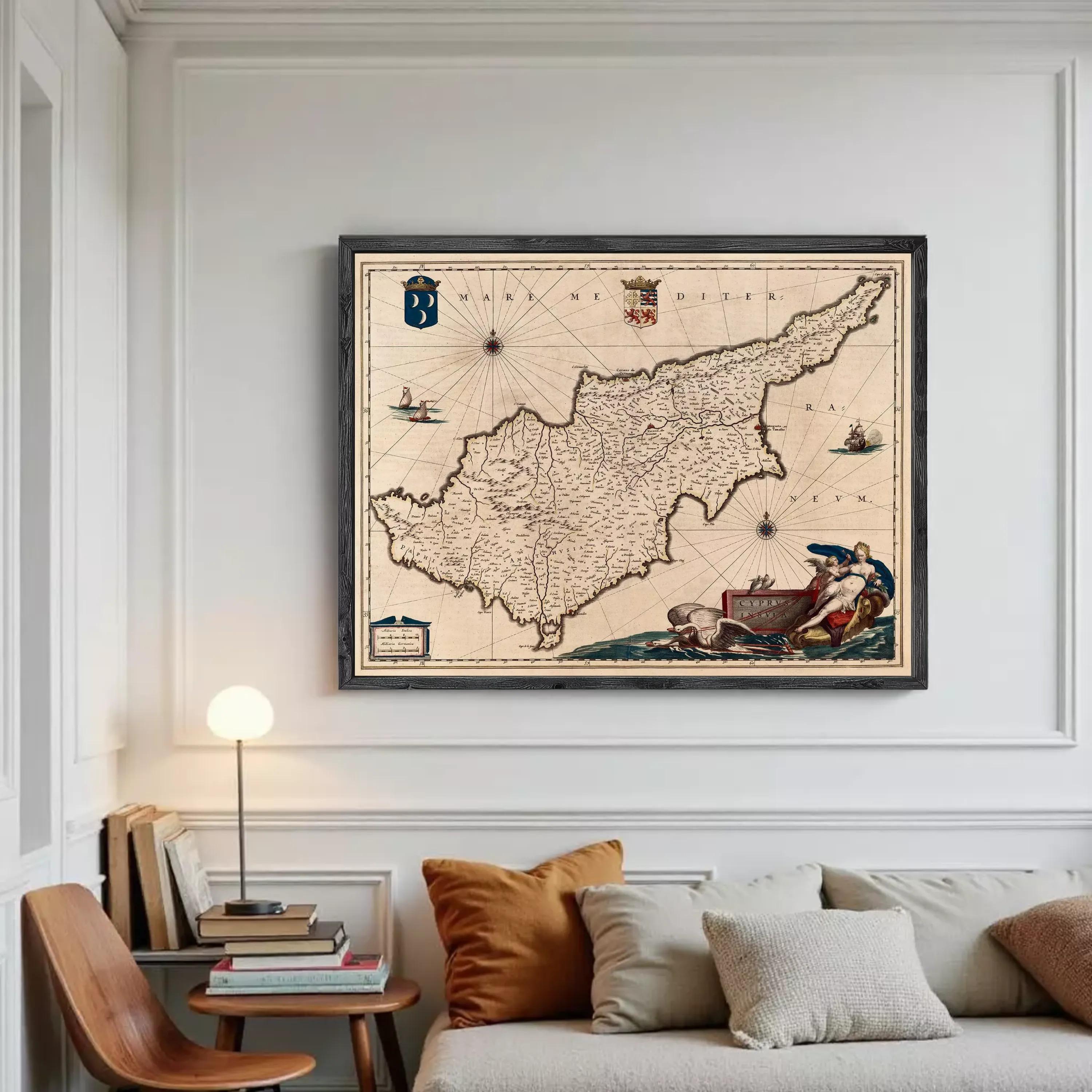 The image is a framed map of the island of Cyprus, depicting various landmarks and geographical features.