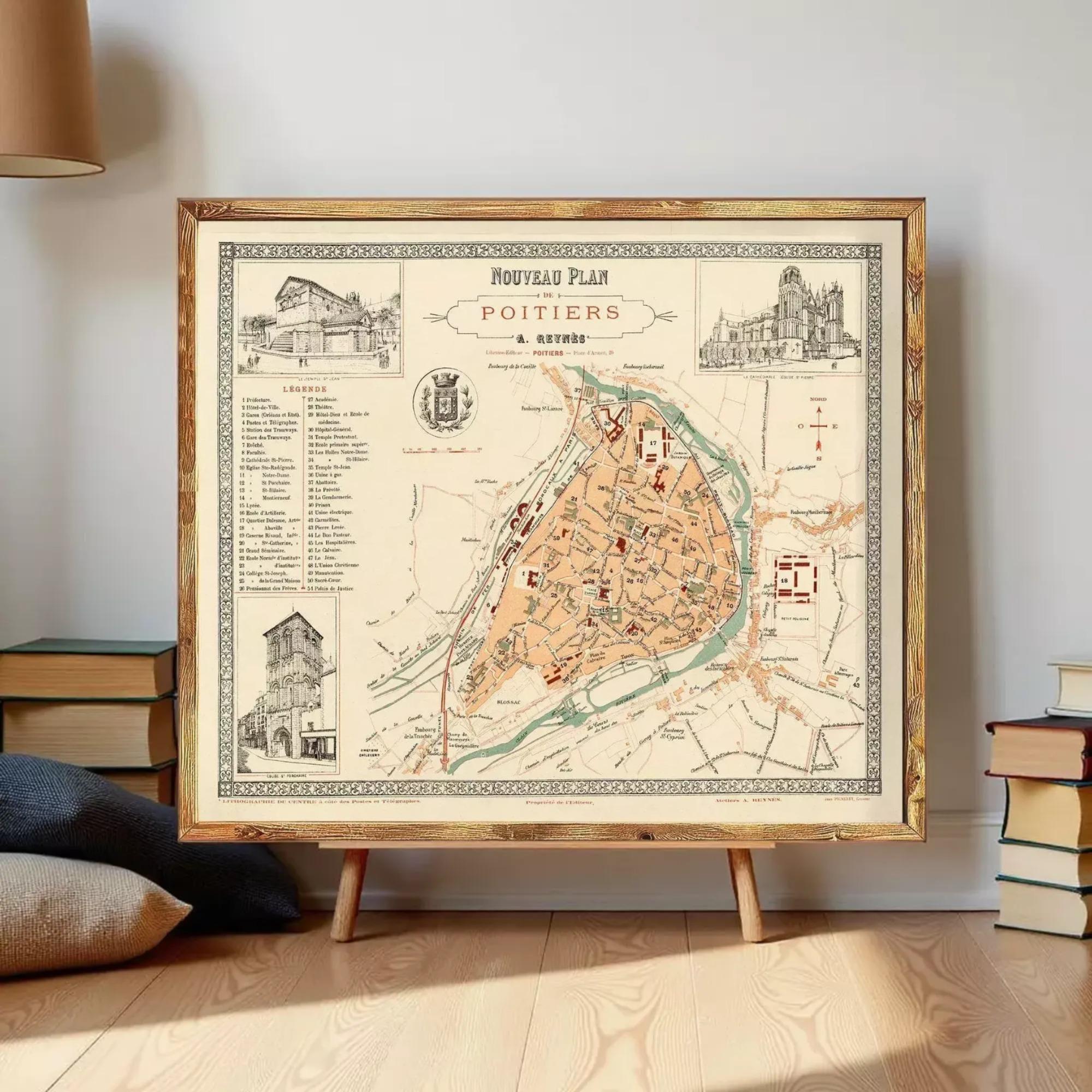 a framed map of the city of Poitiers, France, with various landmarks and locations marked on it.