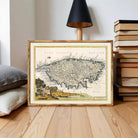 The image is a framed vintage map of the island of Tenerife, Spain, with a detailed illustration of the landscape and surrounding areas.