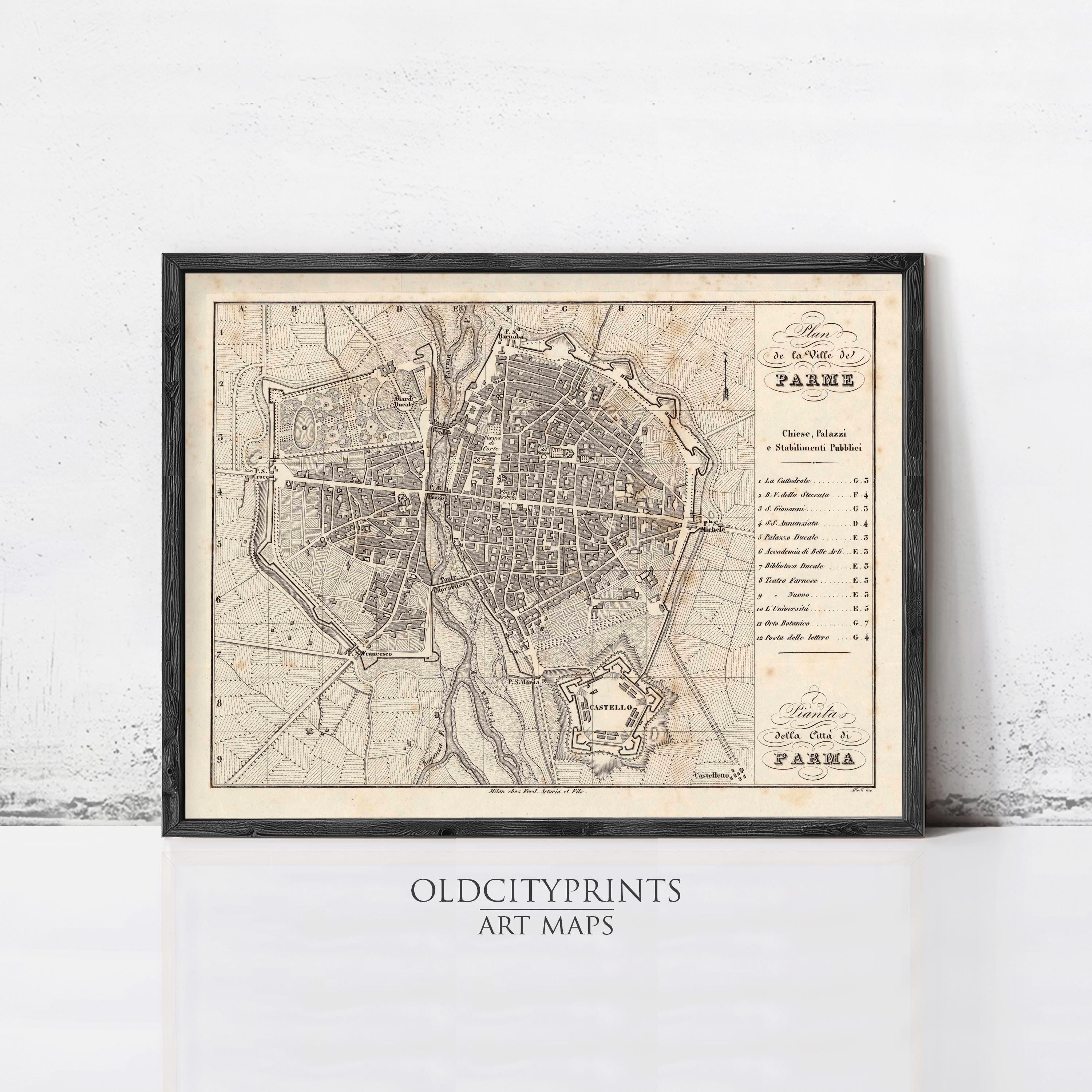 The image is a framed antique map of Paris, France, depicting the city's layout and surrounding areas.