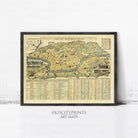 The image is a framed vintage map of a city, likely from the 16th century, with detailed illustrations and labels.