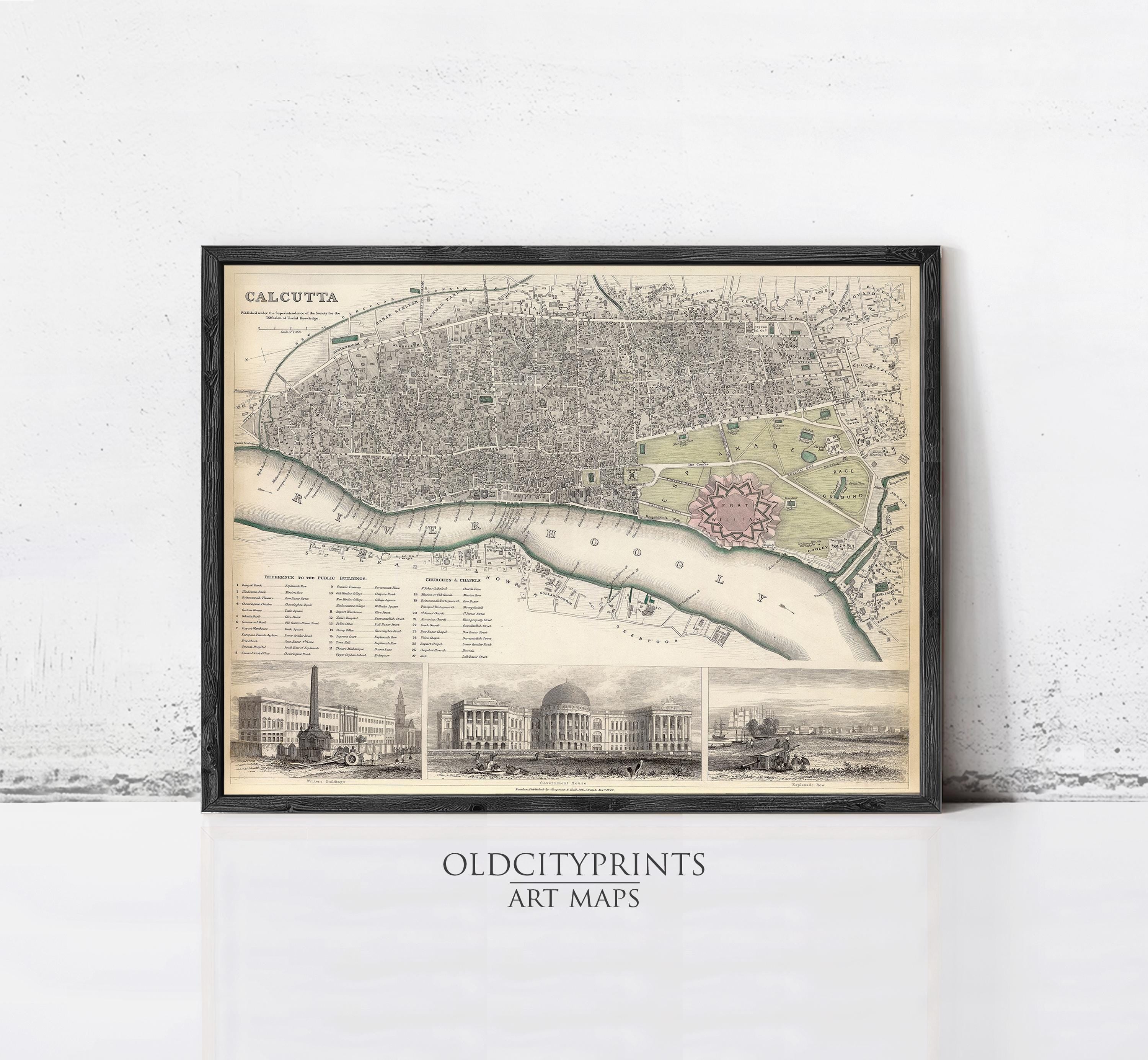 The image is a framed vintage map of Calcutta, India, depicting the city's layout and surrounding areas.