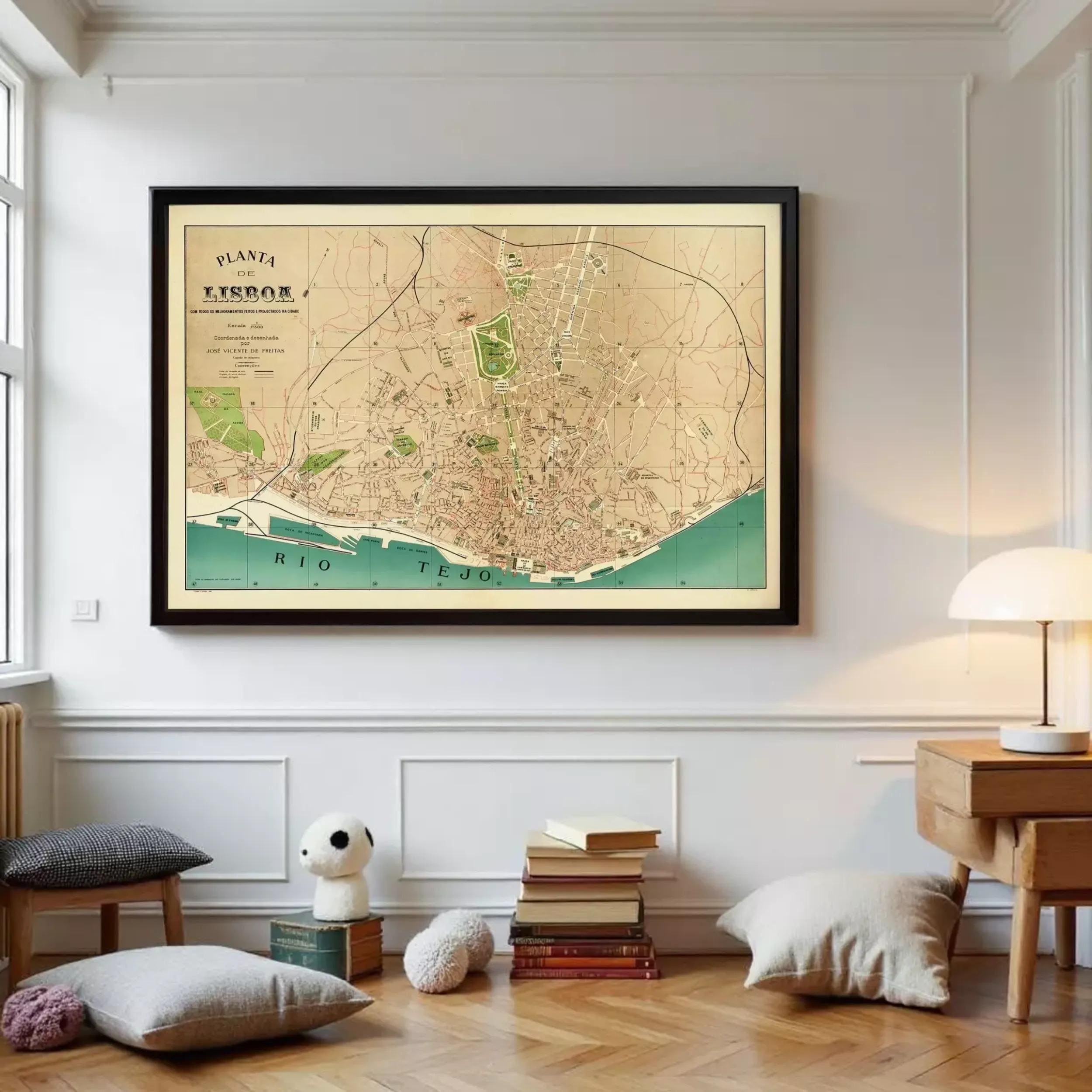 The image is a framed vintage map of Lisbon, Portugal, depicting the city's streets, landmarks, and surrounding areas.