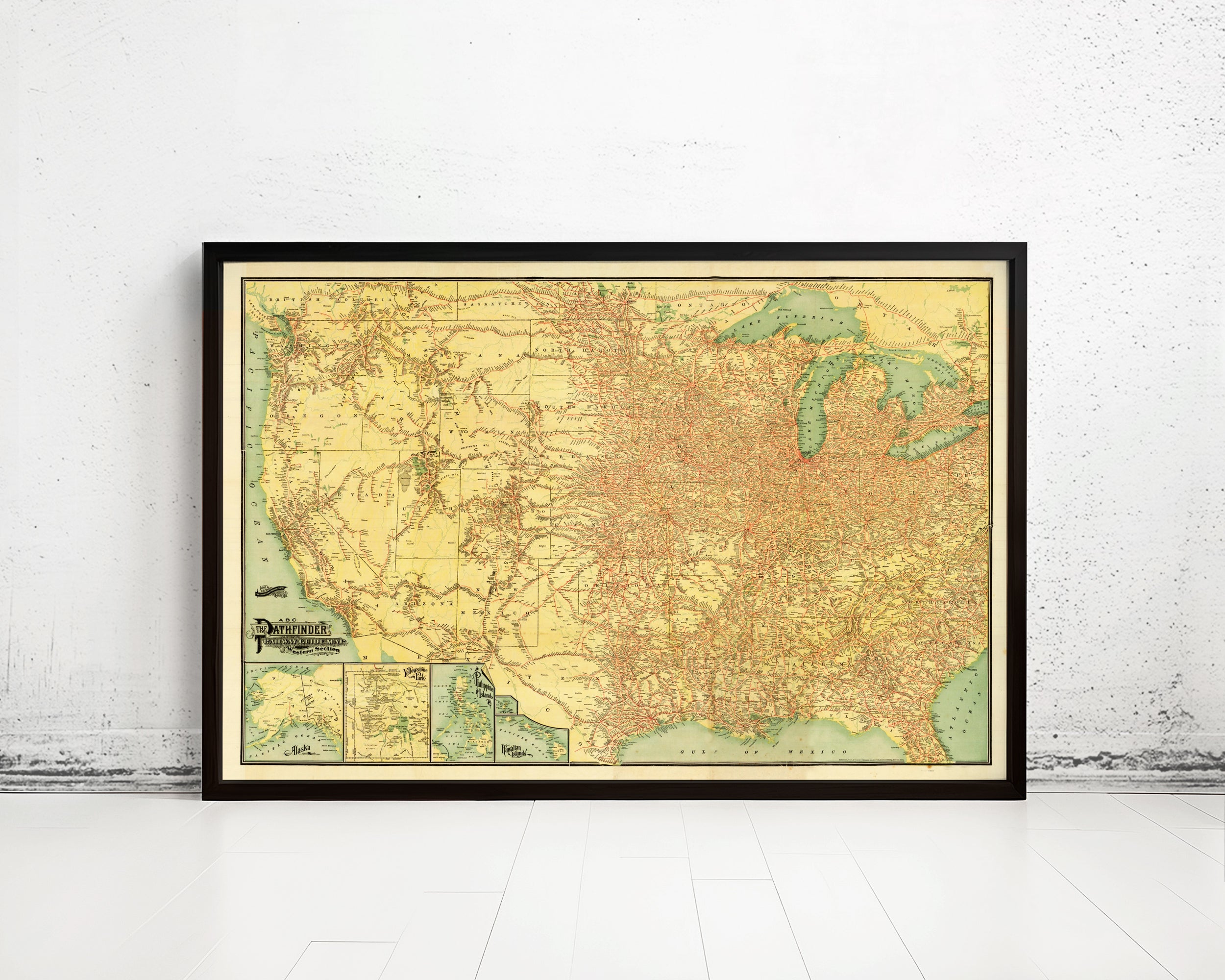 The image is a framed vintage map of the United States, depicting the country's geographical layout and major cities.