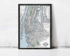 The image is a framed map of New York City, depicting the city's streets, waterways, and surrounding areas.