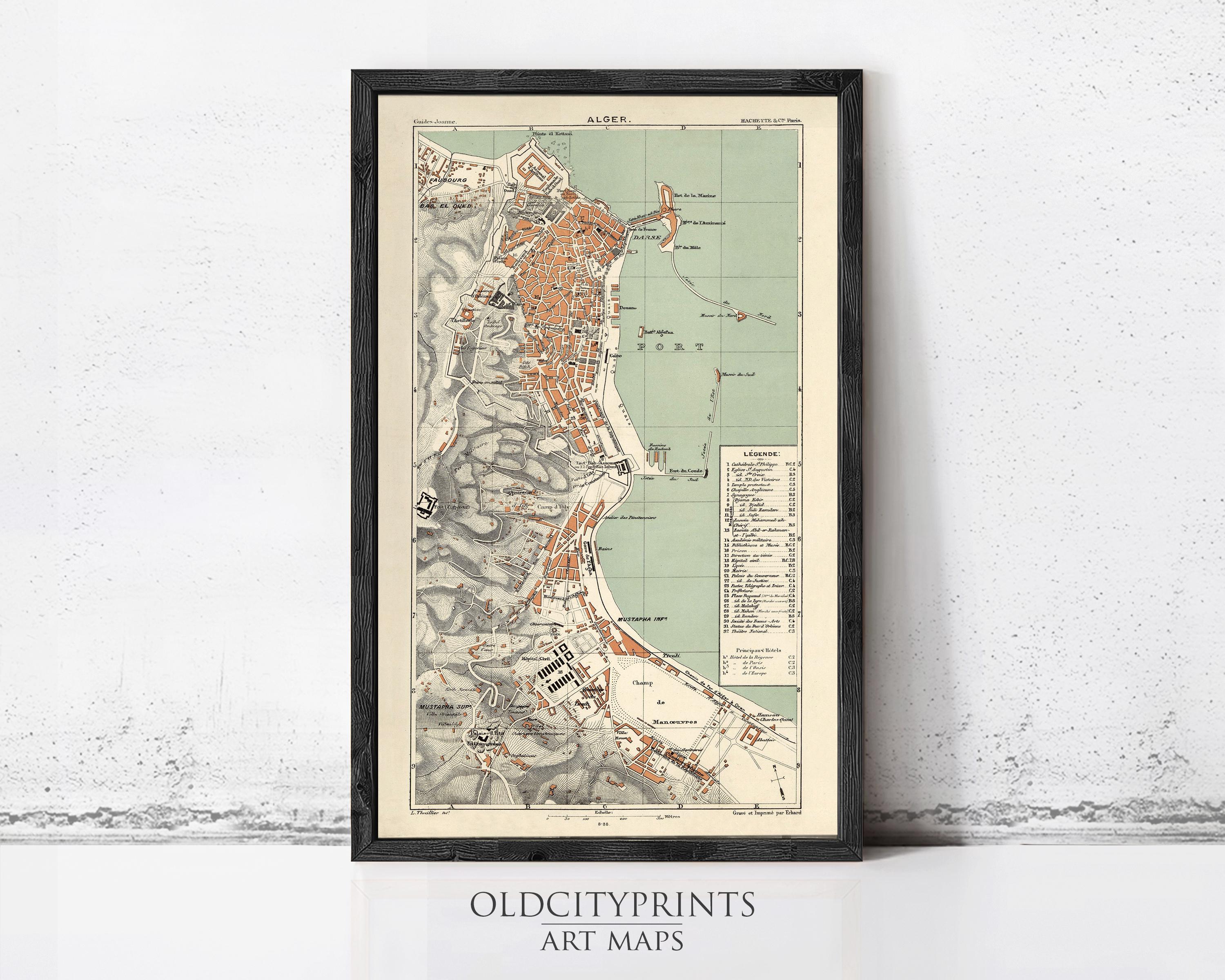 The image is a framed vintage map of a coastal city, likely from the 19th century.