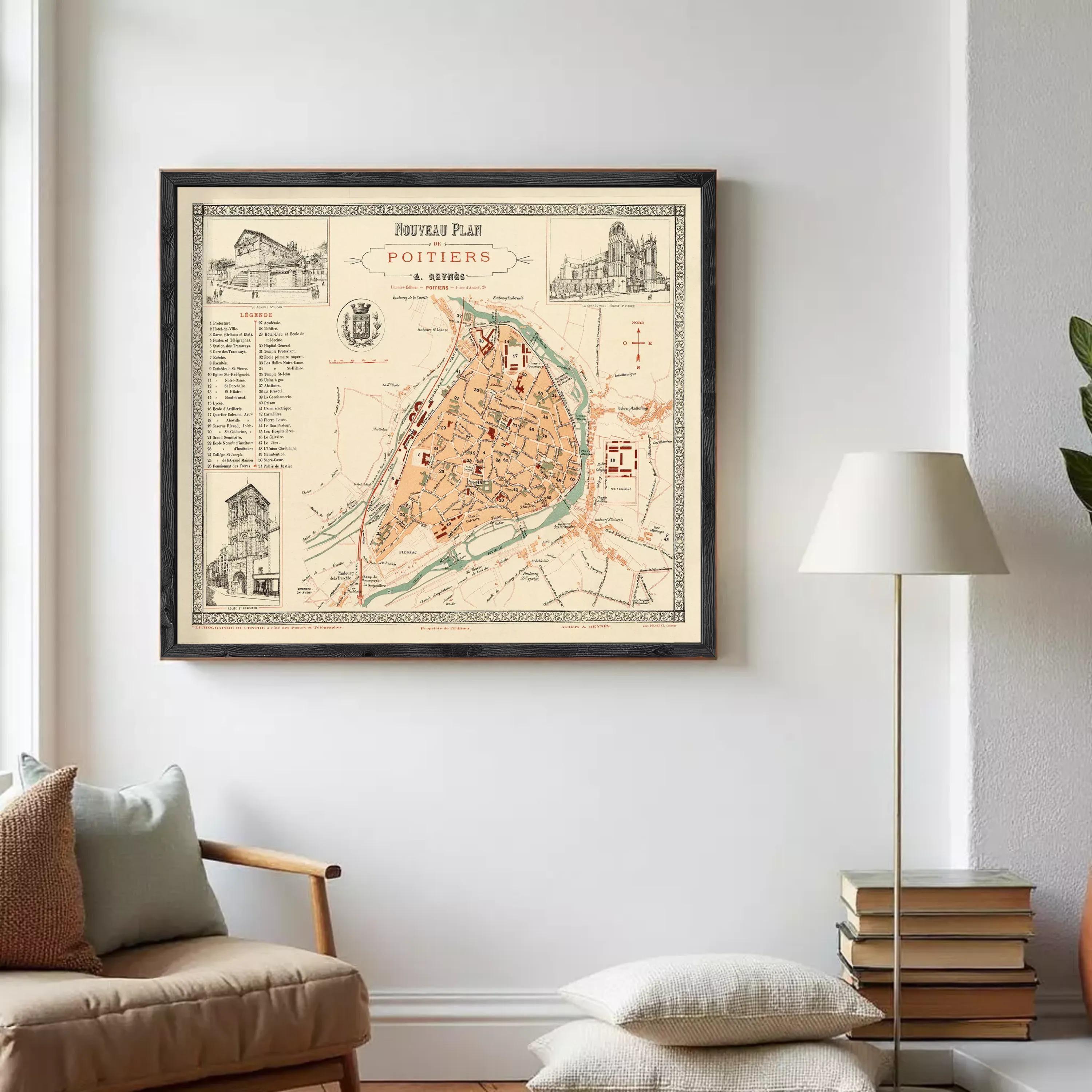 The image is a framed vintage map of the city of Poitiers, France, depicting the layout and various landmarks within the city.