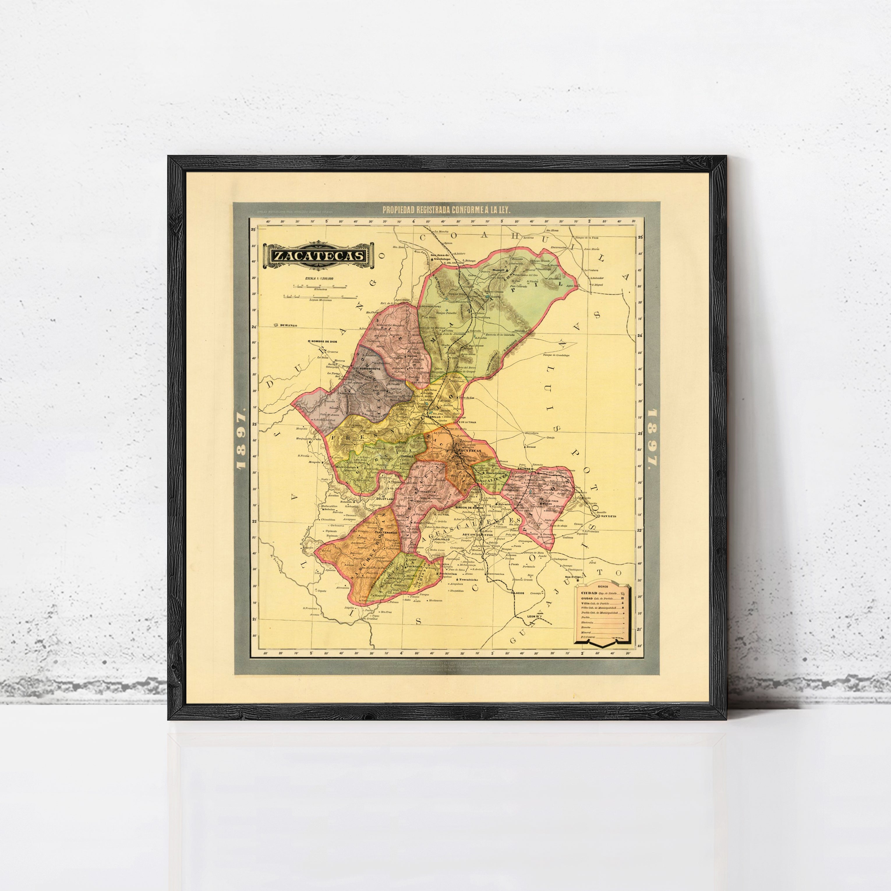 The image is a framed vintage map of the state of Zacatecas, Mexico, depicting the state's geographical layout and boundaries.