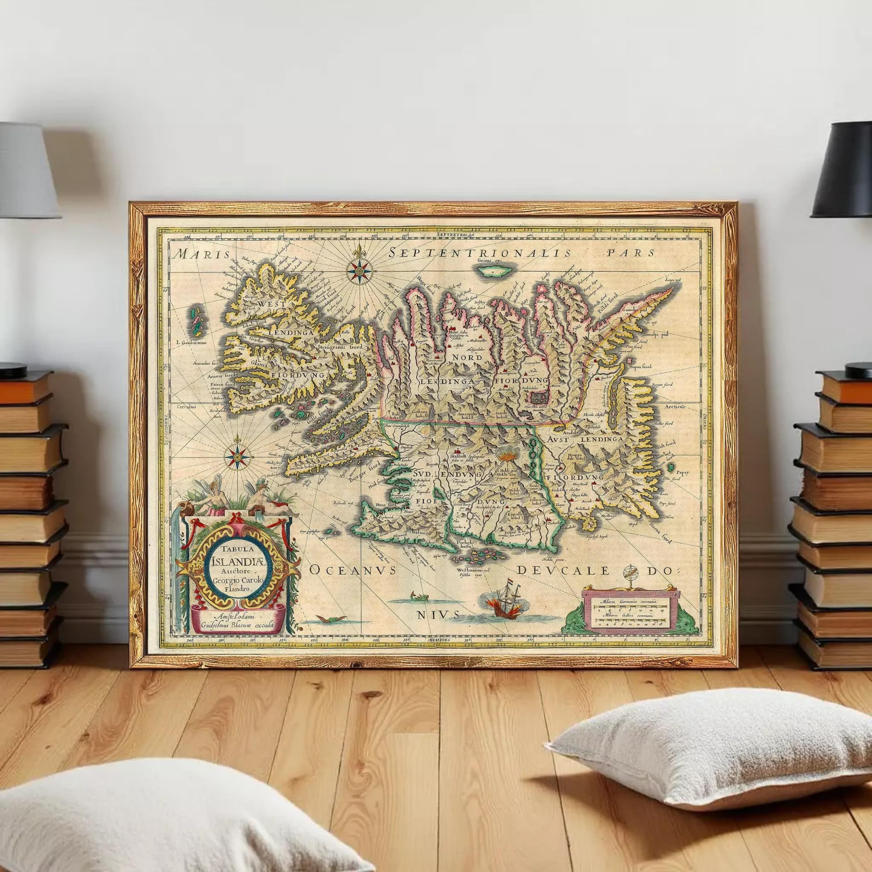 The image is a framed vintage map of Iceland, featuring detailed geographical information and labeled with various locations and landmarks.