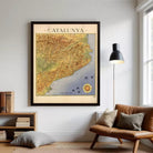 The image is a framed map of Catalunya, Spain, depicting the region's geographical features and boundaries.
