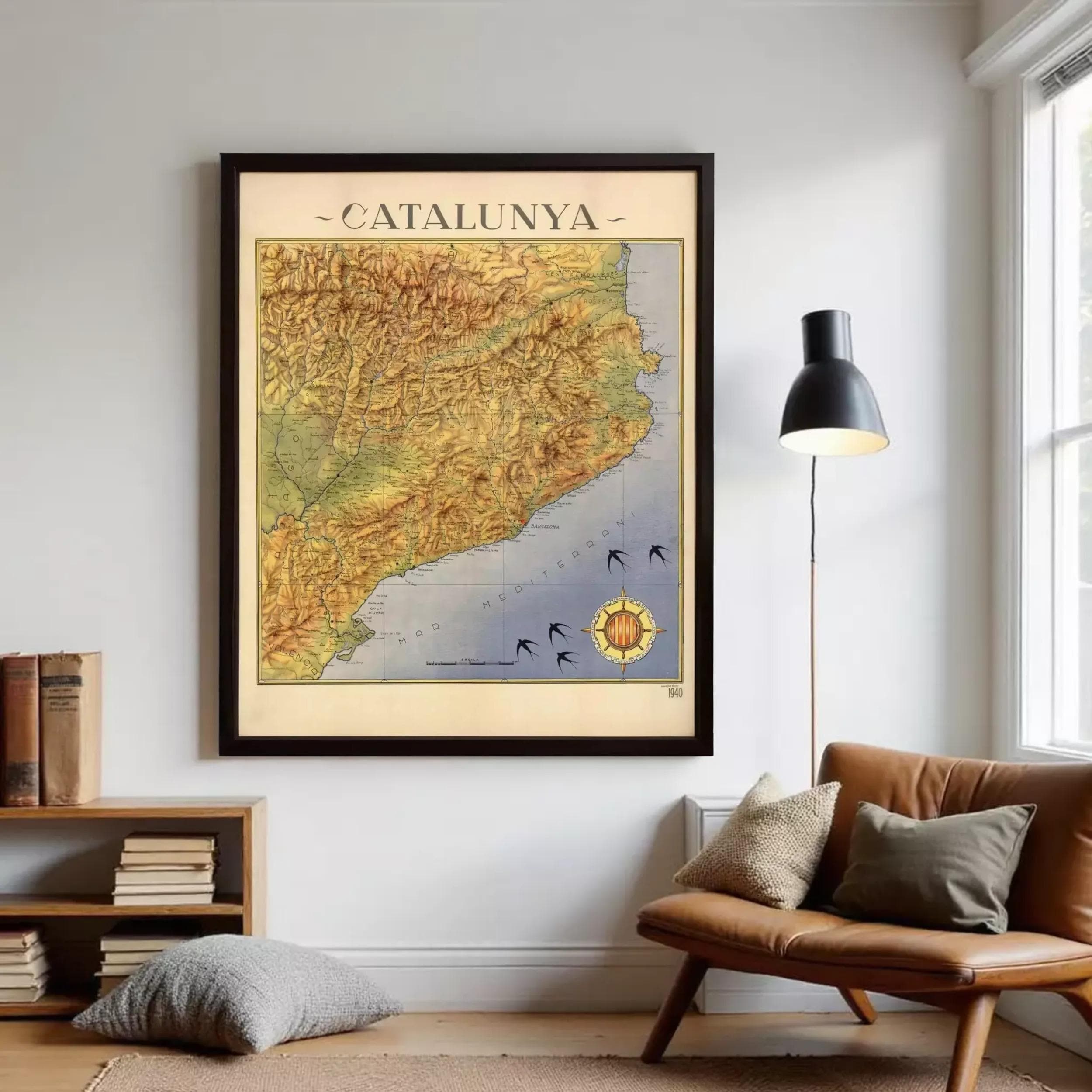 The image is a framed map of Catalunya, Spain, depicting the region's geographical features and boundaries.