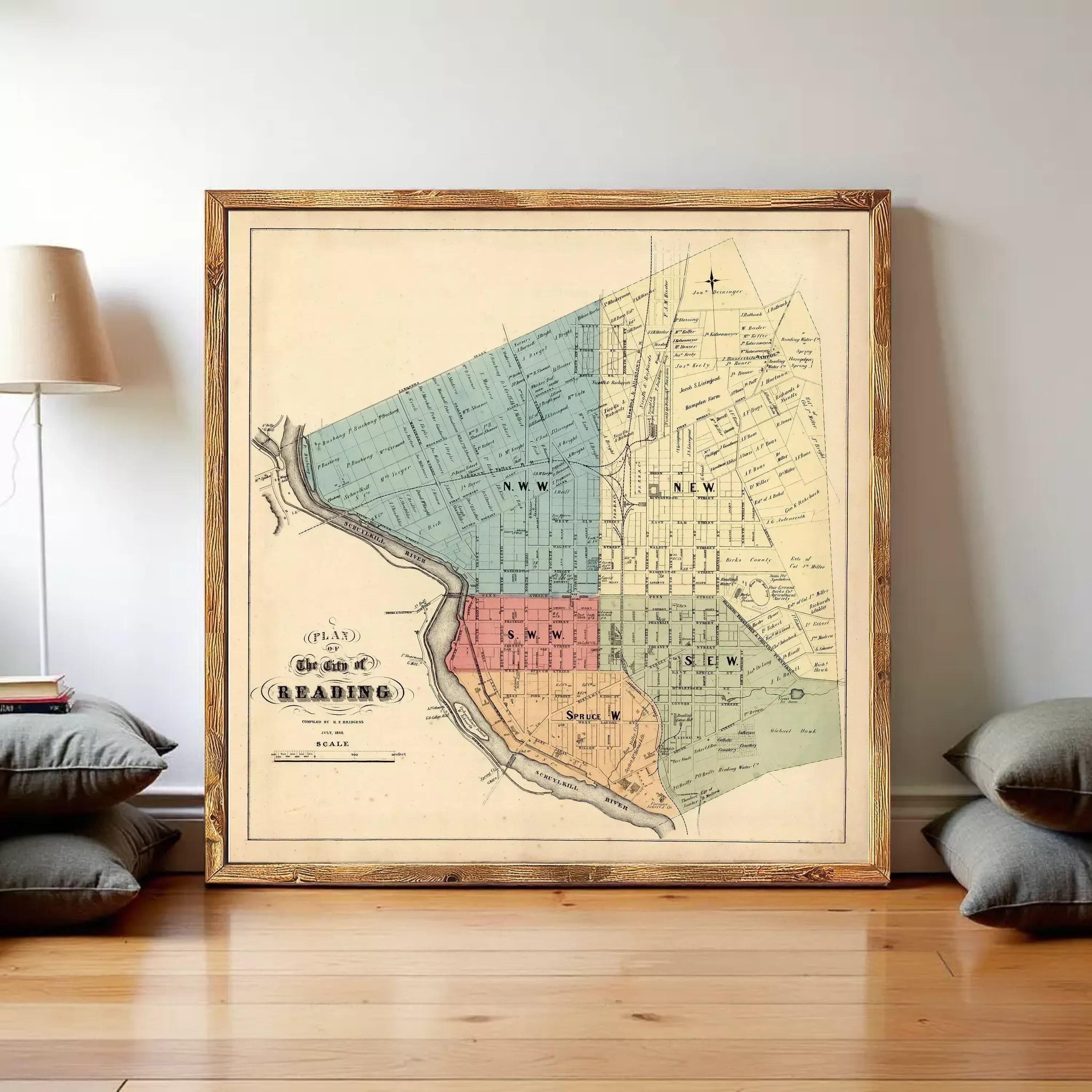 The image is a framed vintage map of the city of Reading, Pennsylvania, showing the layout of the city and surrounding areas.