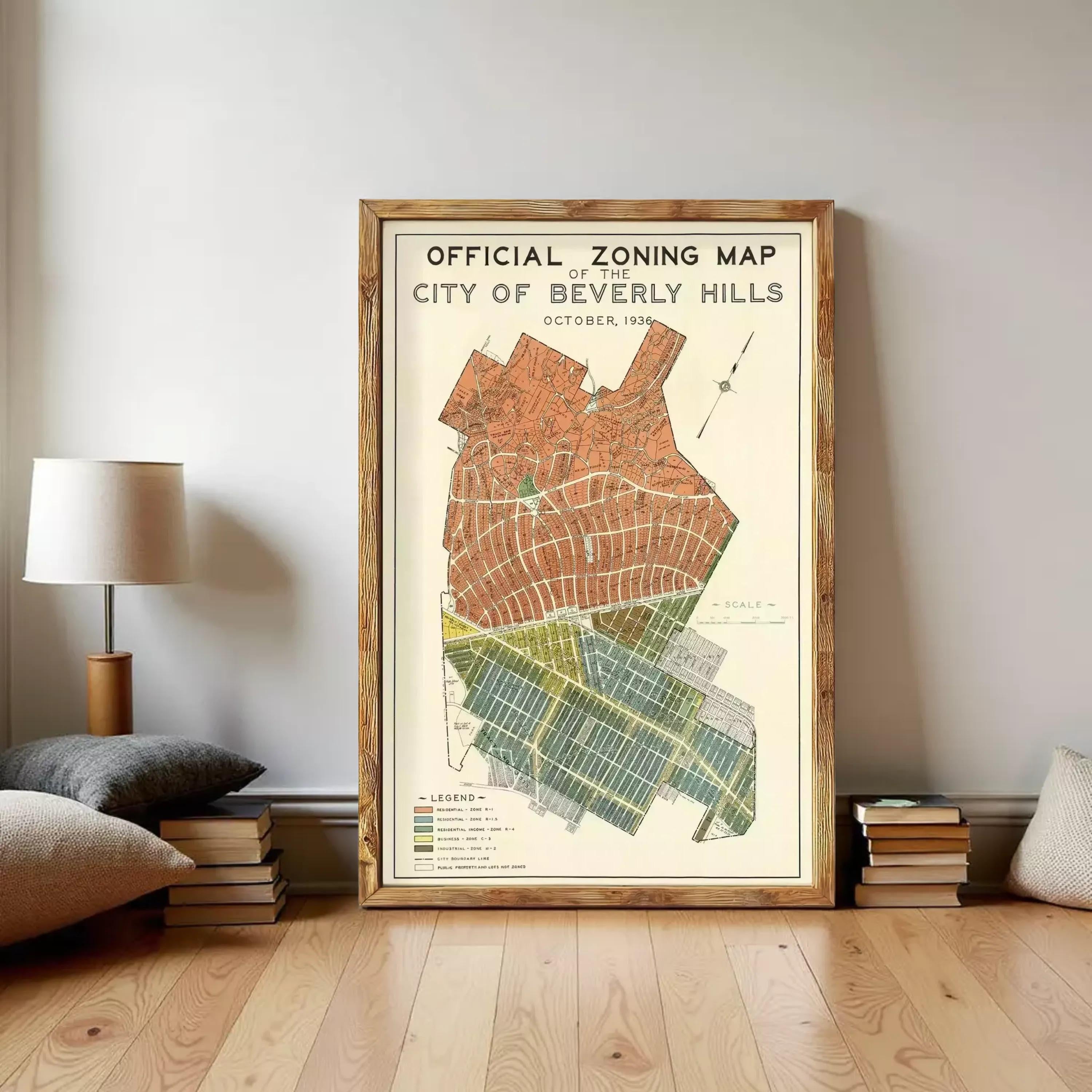 The image is a framed vintage map of Beverly Hills, California, dated October, 1938.