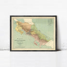 The image is a framed vintage map of Costa Rica, depicting the country's geographical layout and boundaries.